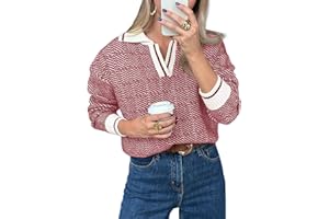 Saodimallsu Womens Fall Sweaters Tops Lapel V Neck Knit Sweater Color Block Long Sleeve Casual Soft Pullover Shirt