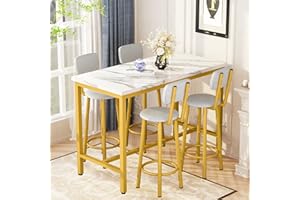Lamerge Dining Table Set for 4 Bar Table and Chairs Set Faux Marble Counter Height Dining Table Set with 4 PU Upholstered Stools Kitchen Pub Table for Kitchen, Restaurant, Space Saving, Gold and White