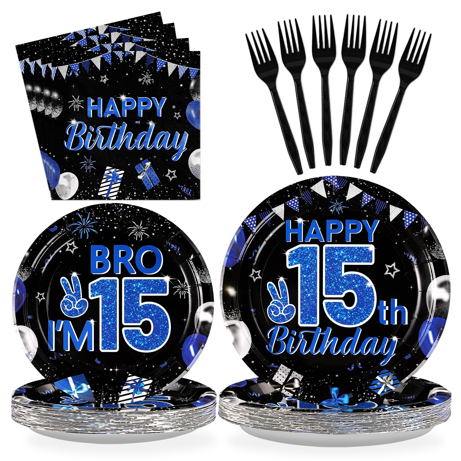 Photo 1 of Grencian 96Pcs 15th Birthday Party Decorations for Boys Blue and Black 15th Birthday Plates Disposable Official Teen 15 Tableware for Teen Boys I’m 15 Bro 15 Years Old Party Supplies Serves 24