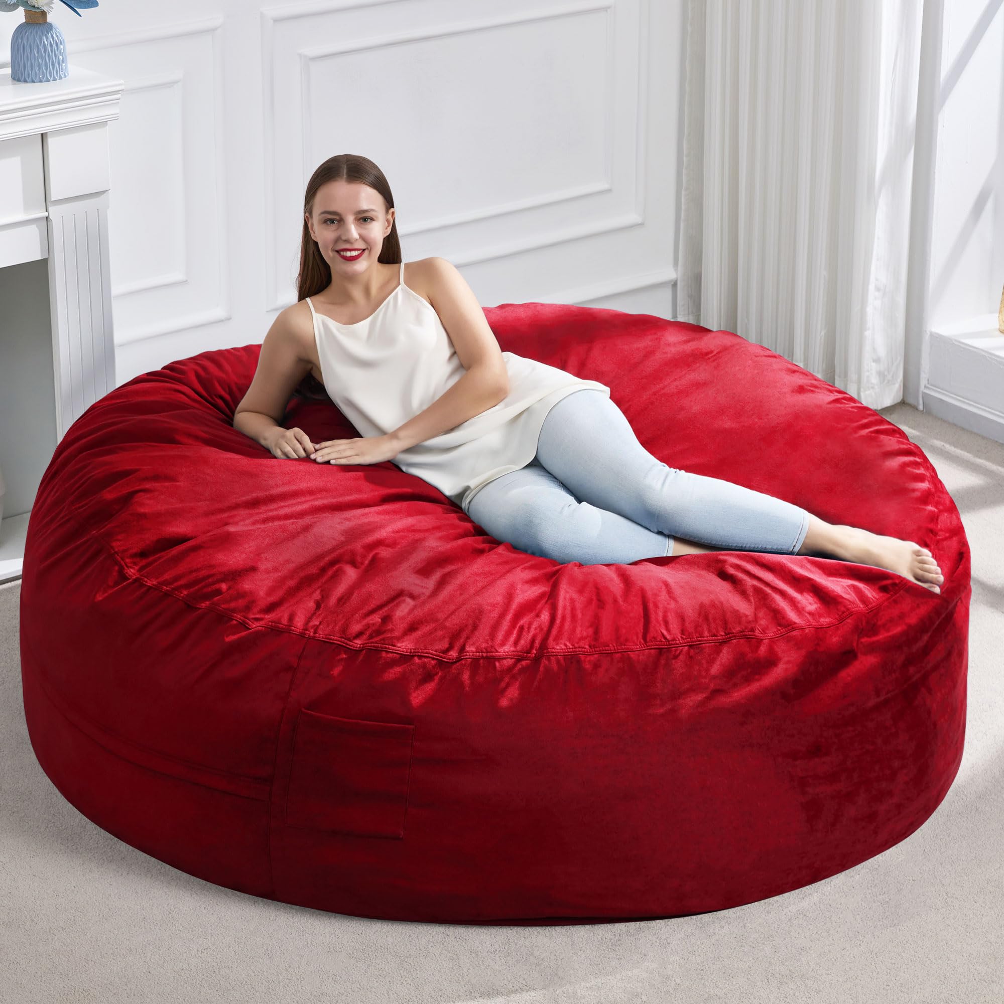 Photo 1 of ** VERY USED/ DIRTY ** Hobestluk 6FT Bean Bag Chair Bean Bag Chairs for Adults Giant Bean Chairs with Velvet Cover, Memory Foam BeanBag Chair Fluffy BeanBag Chairs for Living Room, Bedroom- Red (70" x 70" x 15")