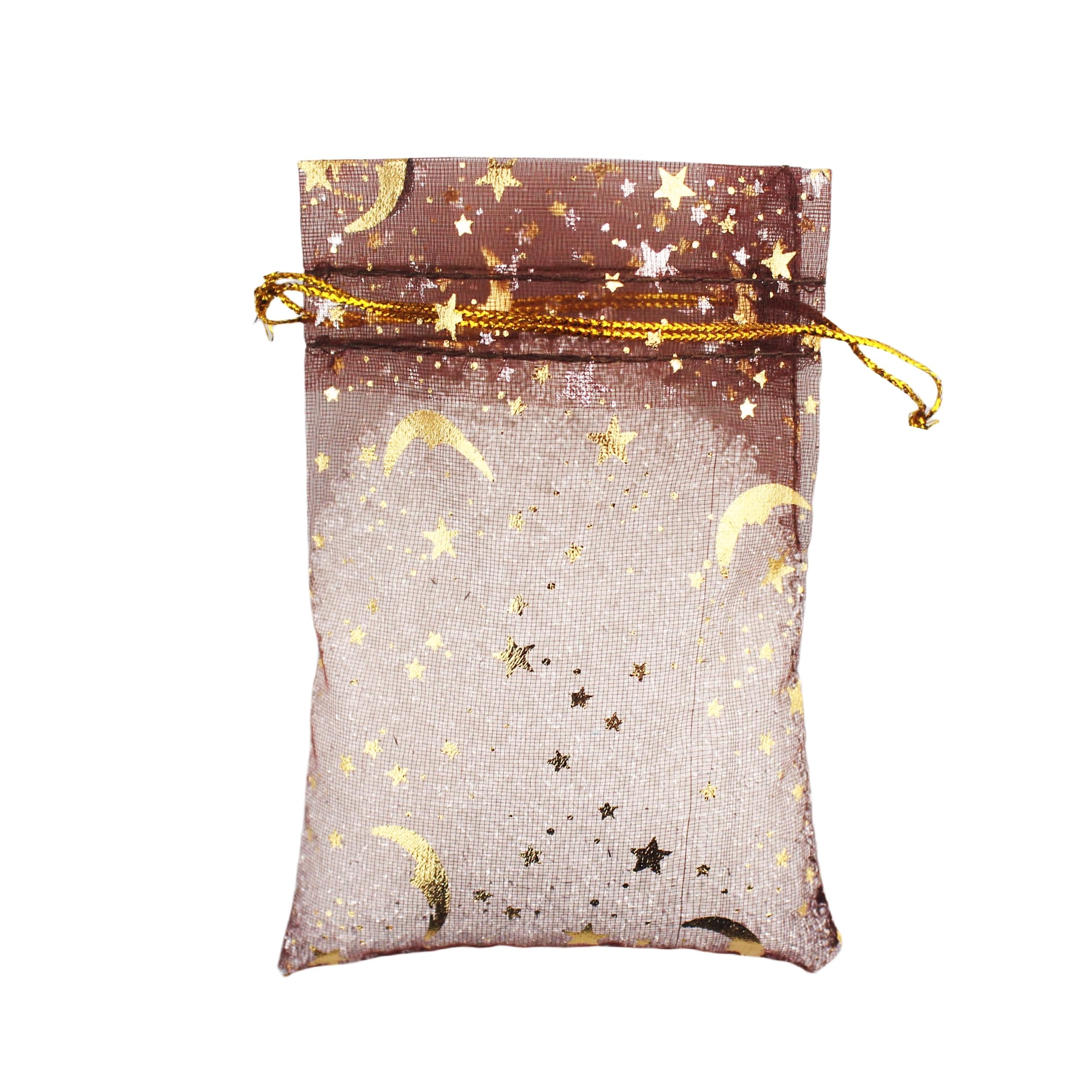 QIANHAILIZZ 100 Moon Star Organza Jewelry Gift Pouch Candy Pouch Drawstring Wedding Favor Bags (Coffee, 3.5 x 4.7 inch)