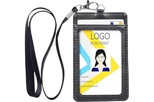 Teskyer Badge Holder with Lanyard, Leather ID Name Badge Card Holder with Lanyard for ID Badges, Vertical Black
