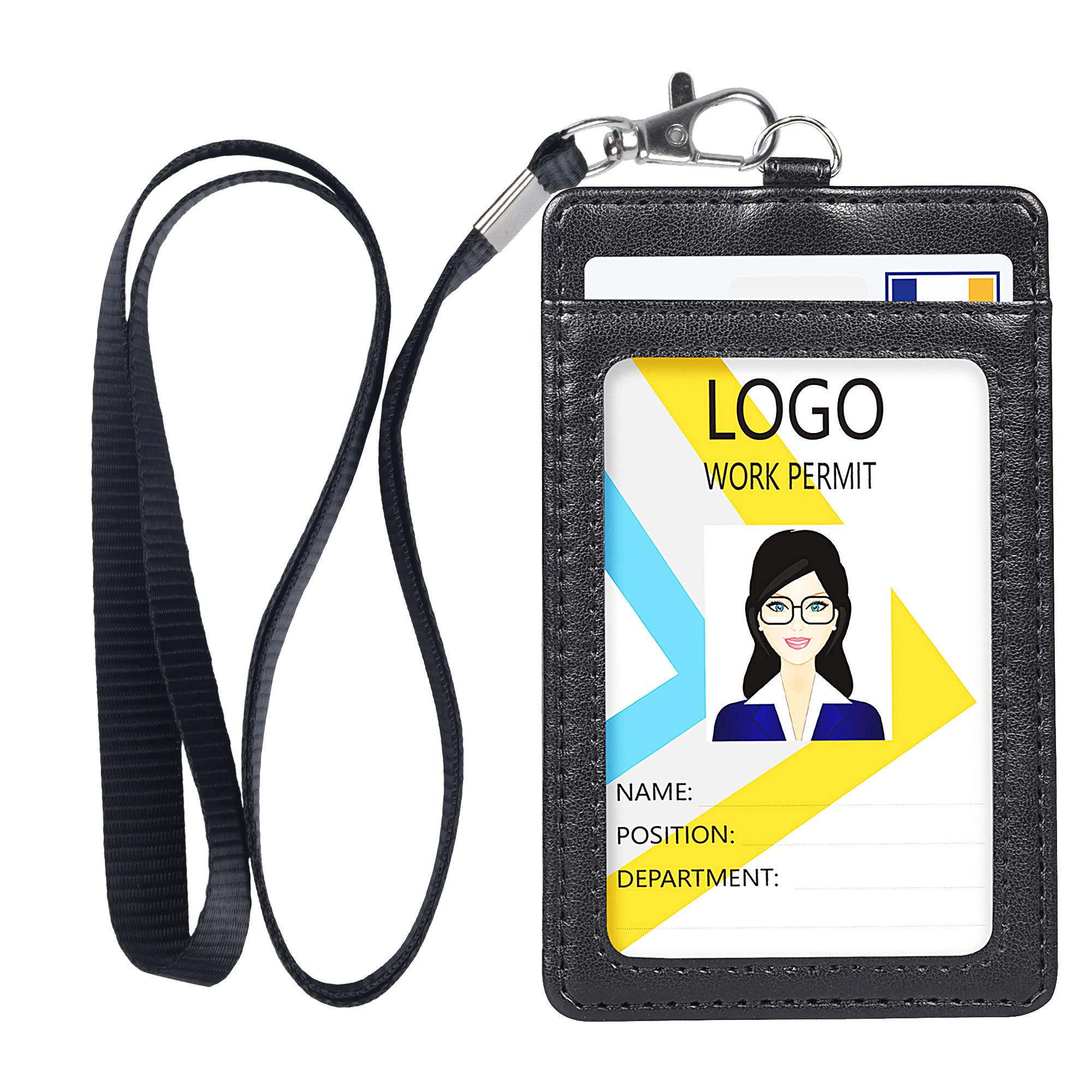 Teskyer Card Holder with Lanyard, ID Badge Holder with Clear Window and Holds 2 Cards, PU Leather Vertical Badge Holder for ID Cards, Offices, Schools, Bus Passes, Black