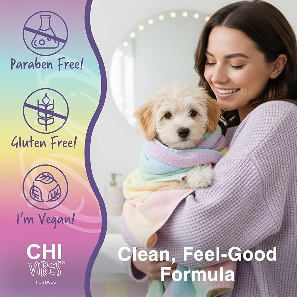 CHI VIBES FOR DOGS 5-IN-1 SHAMPOO & CONDITIONER, CLEANS + DEODORIZES + MOISTURIZES + DETANGLES + HELPS DE-SHED, VEGAN PH BALANCED, GLUTEN & PARABEN FREE, MADE IN USA, 12 FL OZ