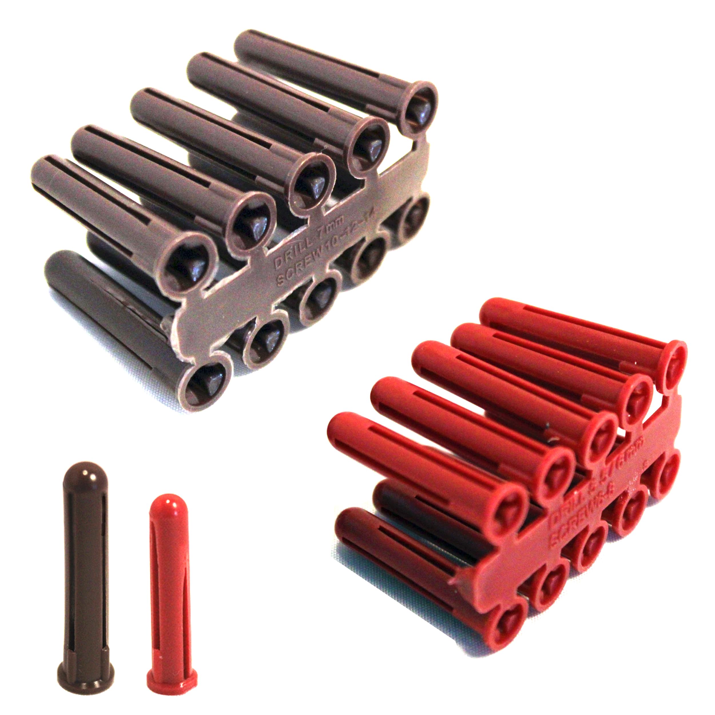 Mixed Pack Red & Brown Masonry Wall Plugs Anchors for Stone, Brick, Concrete 6.00/7.00mm Fixing Hole Diameter Heavy Duty NOT FOR PLASTERBOARD (12 Pack - 960 Red / 720 Brown)