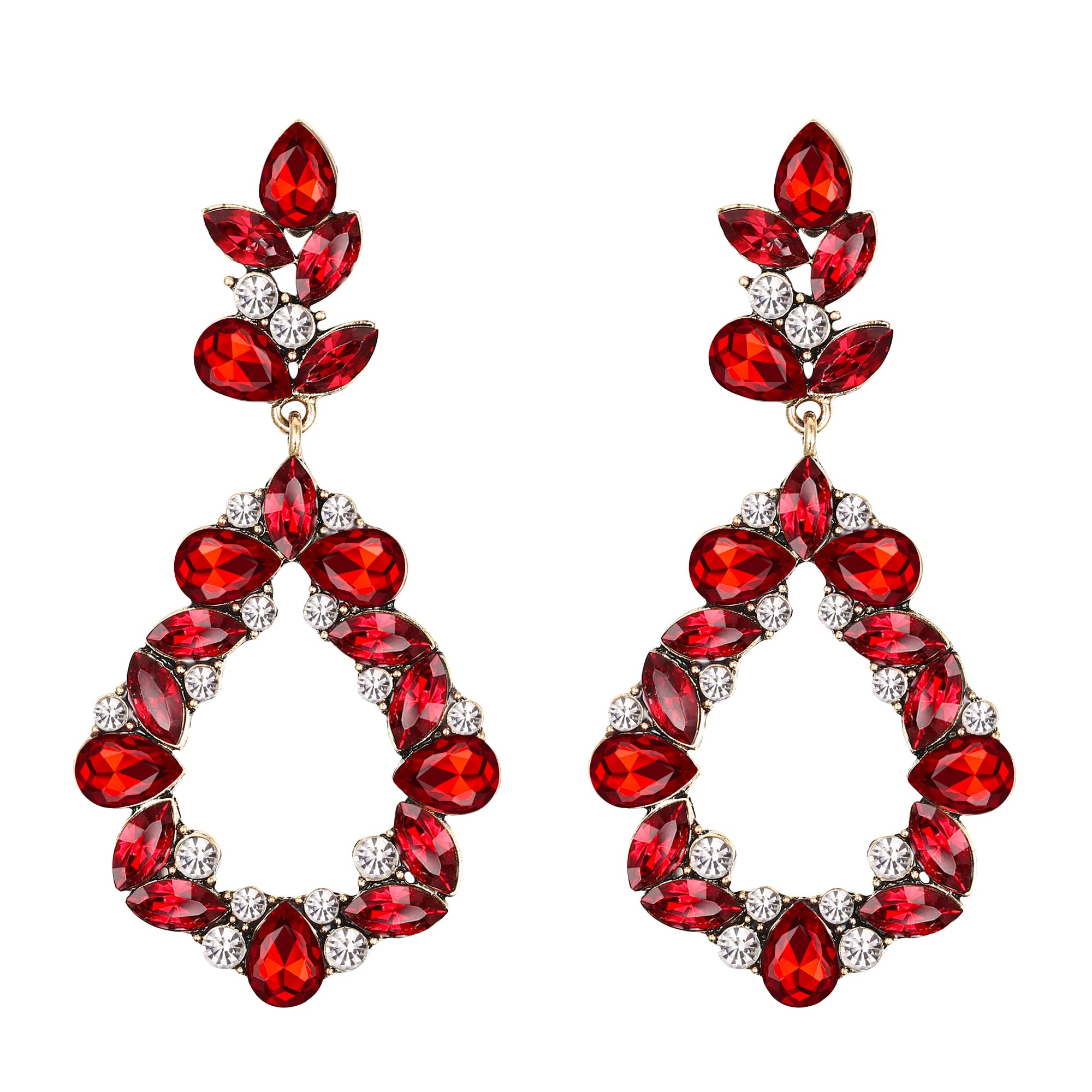 Clearine Wedding Jewellery for Bridal Bridesmaid Marquise Teardrop Cluster Rhinestone Dangle Earrings for Women Ruby Colour Antiqued Gold-Tone