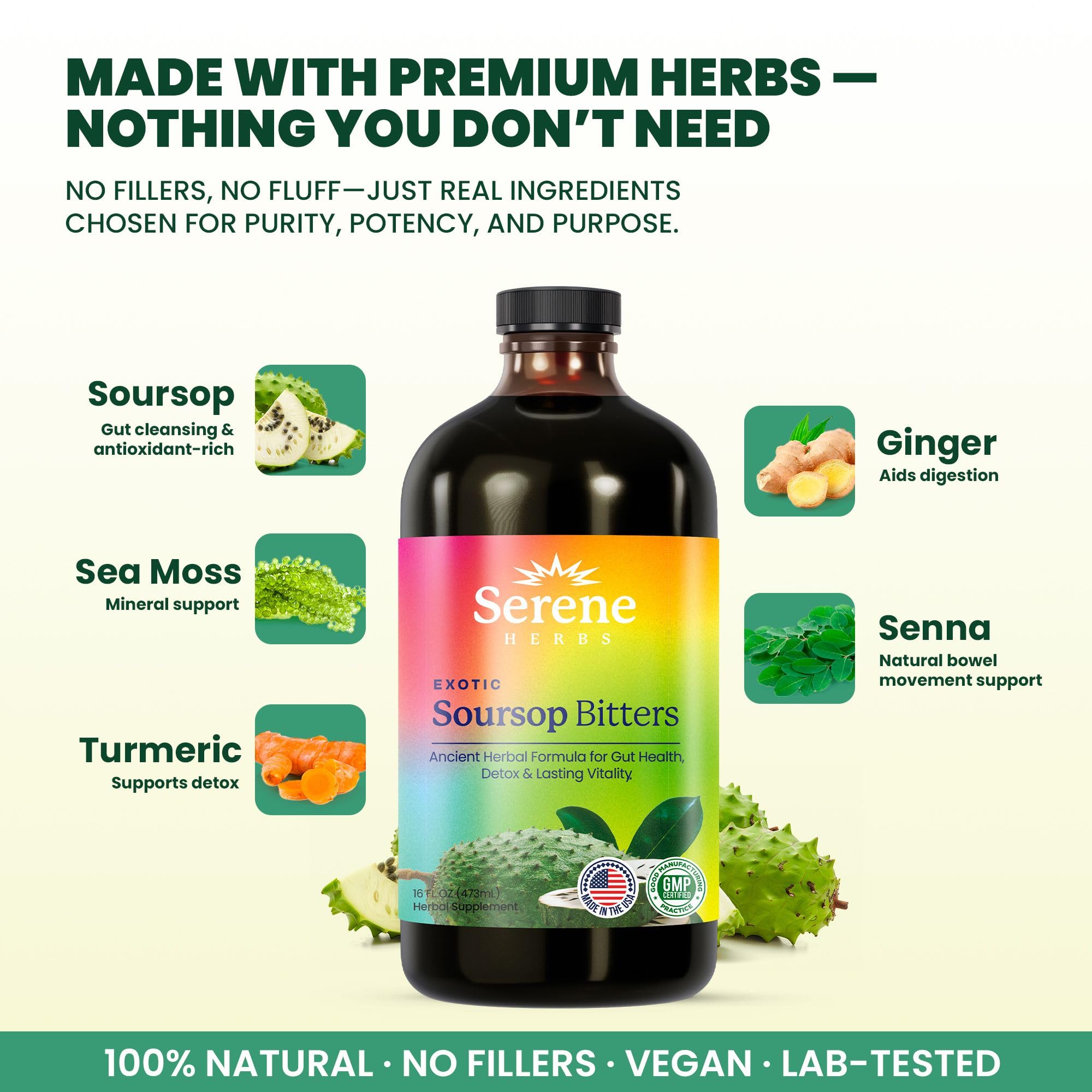 Serene Herbs - Soursop Bitters Liquid - Organic Herbal Guanabana Detox with Black Seed, Moringa & Ginger - Supports Digestive Wellness & Immune Function - 16 fl oz​