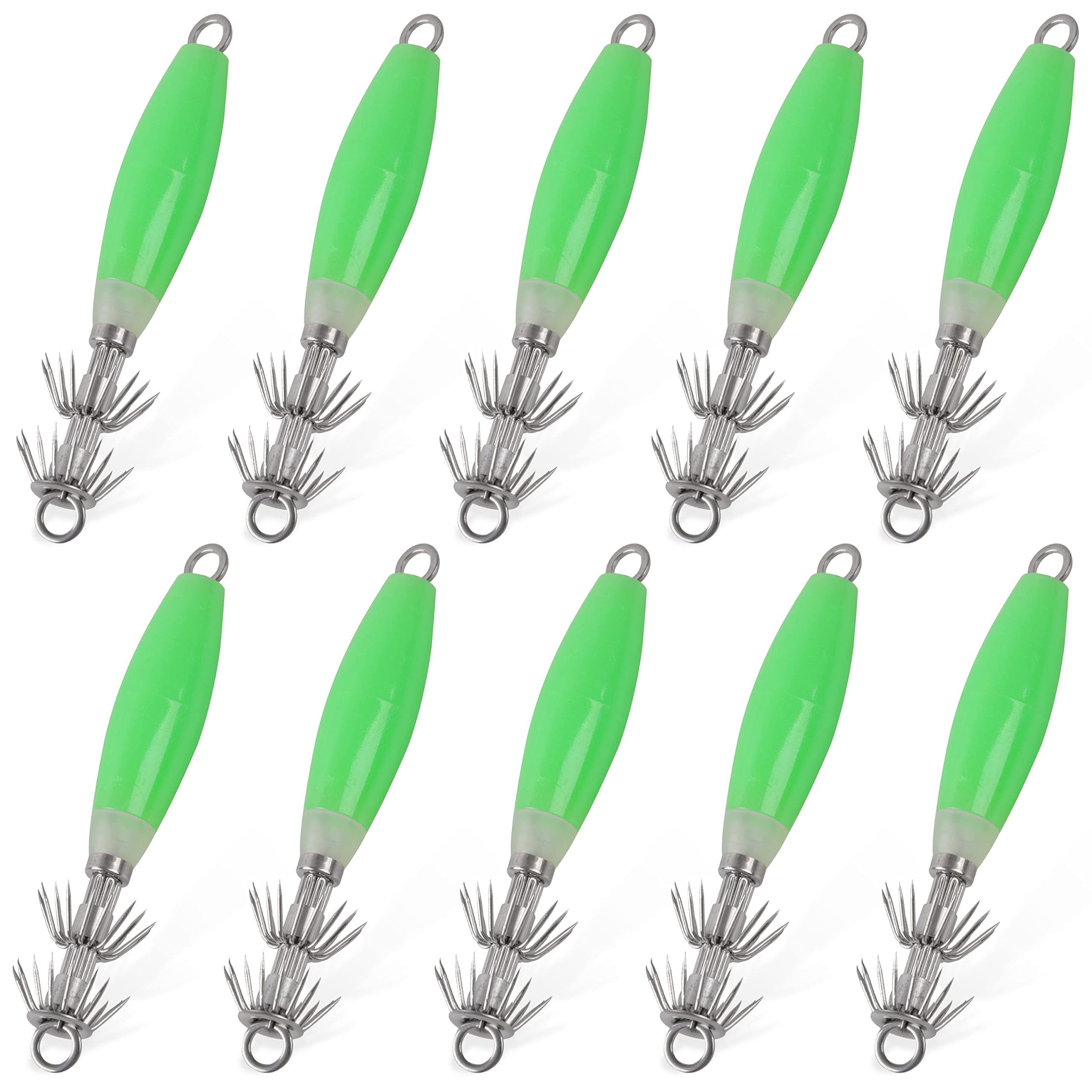 OROOTL Luminous Squid Jig Hooks Saltwater, 5pcs/10pcs Glow Squid Jigs Kit Fluorescent Cuttlefish Sleeve Jig Octopus Squid Lures Hard Fishing Bait Set with Tackle Box