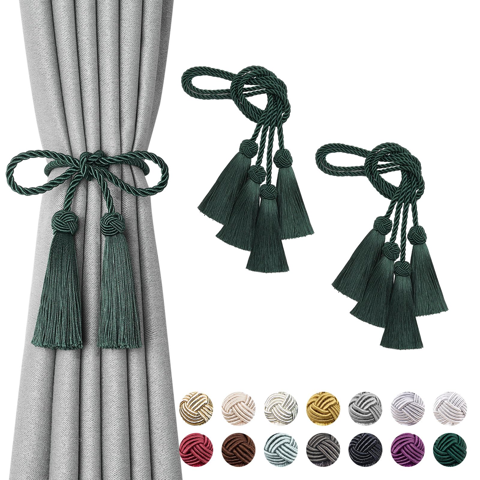 Pretty Jolly 4 Pack Double-ended Tassel Curtain Tiebacks Handmade Braided Rope Knot Drape Tie Backs European Style Decorative Curtain Holdbacks for Home & Office Window Drapery (Green)