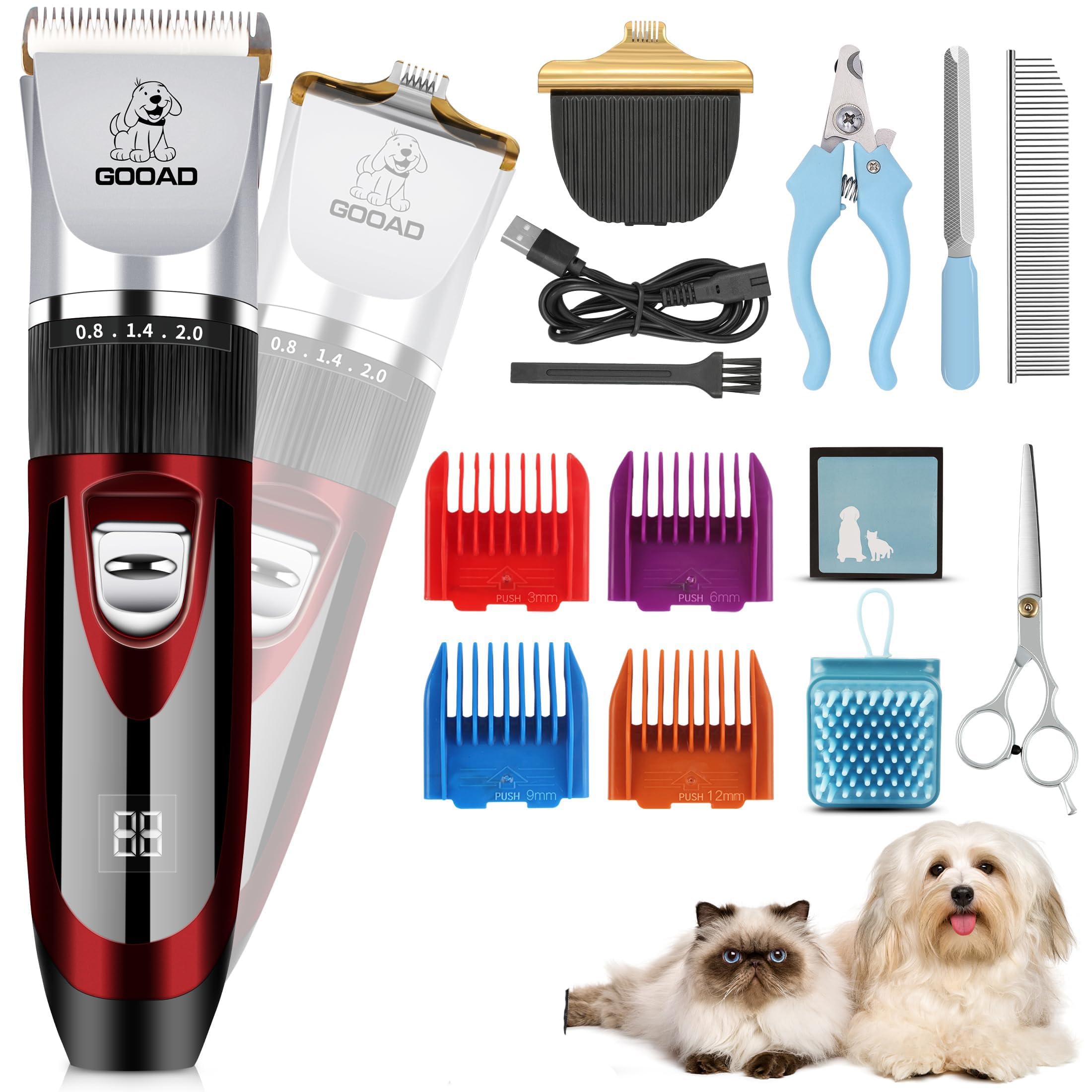 Gooad Dog Clippers Grooming Kit and Paw Trimmer,Low Noise, Electric Quiet,Rechargeable,Cordless, Pet Hair Clippers for Thick Coats,Dog Trimmer Grooming Tool,Shaver for Small and Large Dogs Cats,Red…