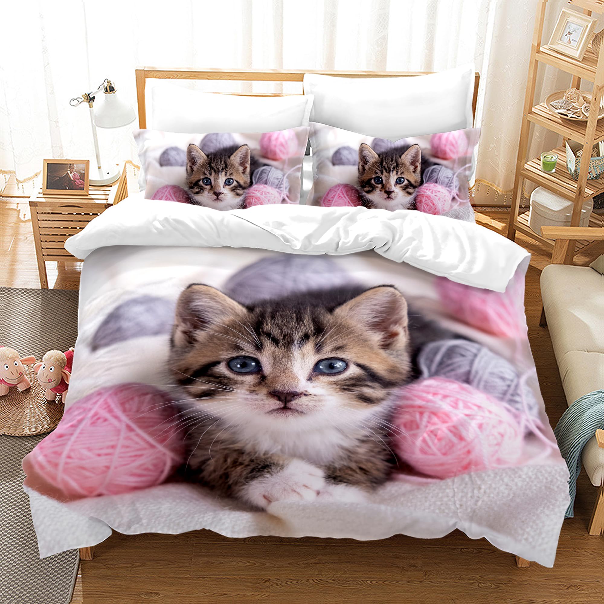 KAIDAARTLH Cat bedding set 220x240cm, Cat motif microfibre duvet cover, 3D print bedding sets 3-piece with zip, for girls boys (Cat-1, 220x240cm)