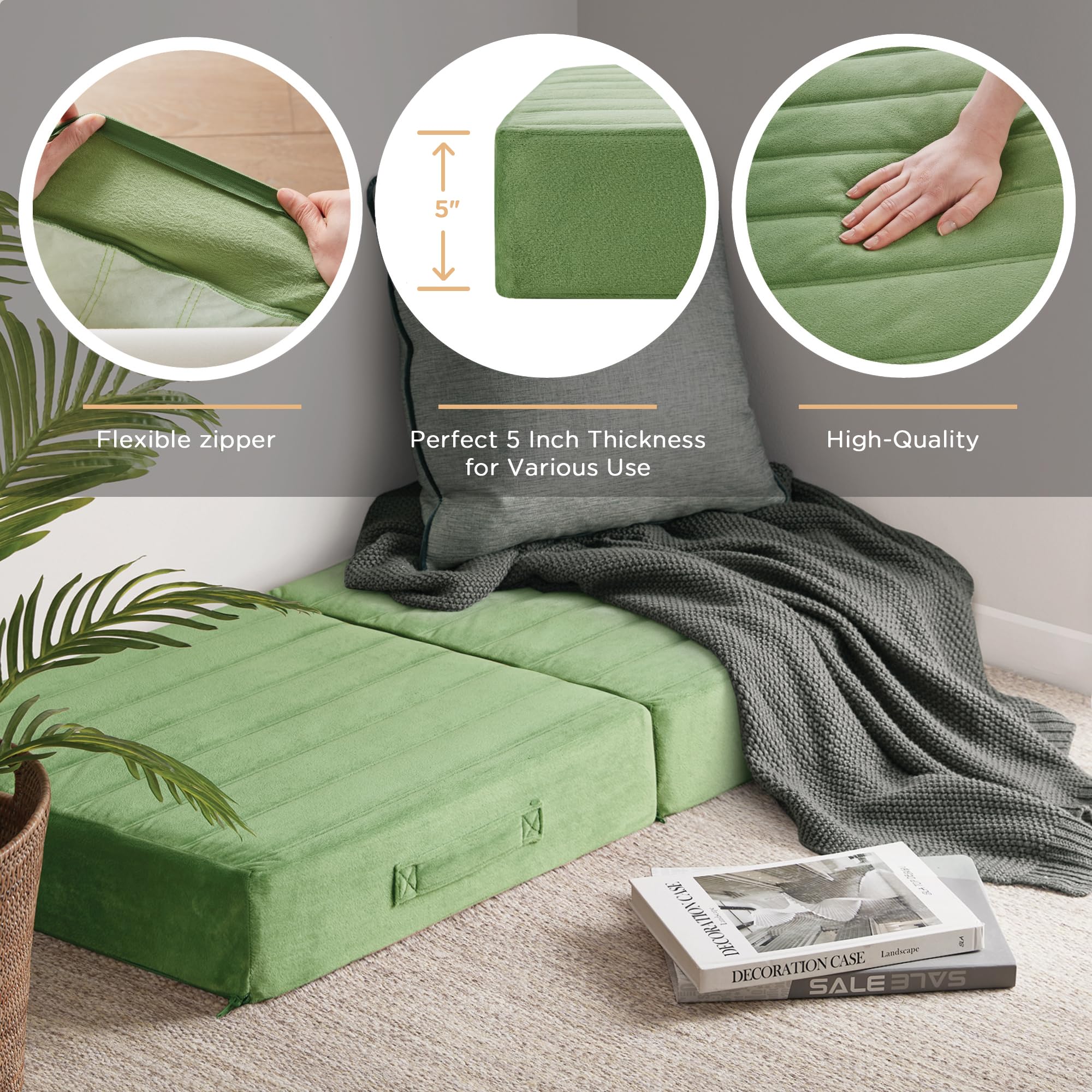 Codi High Density Foam Floor Pillow 2 Sets, Large Meditation Cushions Seating for Adults and Yoga Sitting, Washable Thick Couch Cushion with Soft Tufted Covers - 22 * 22 * 5inch Green - Image 3