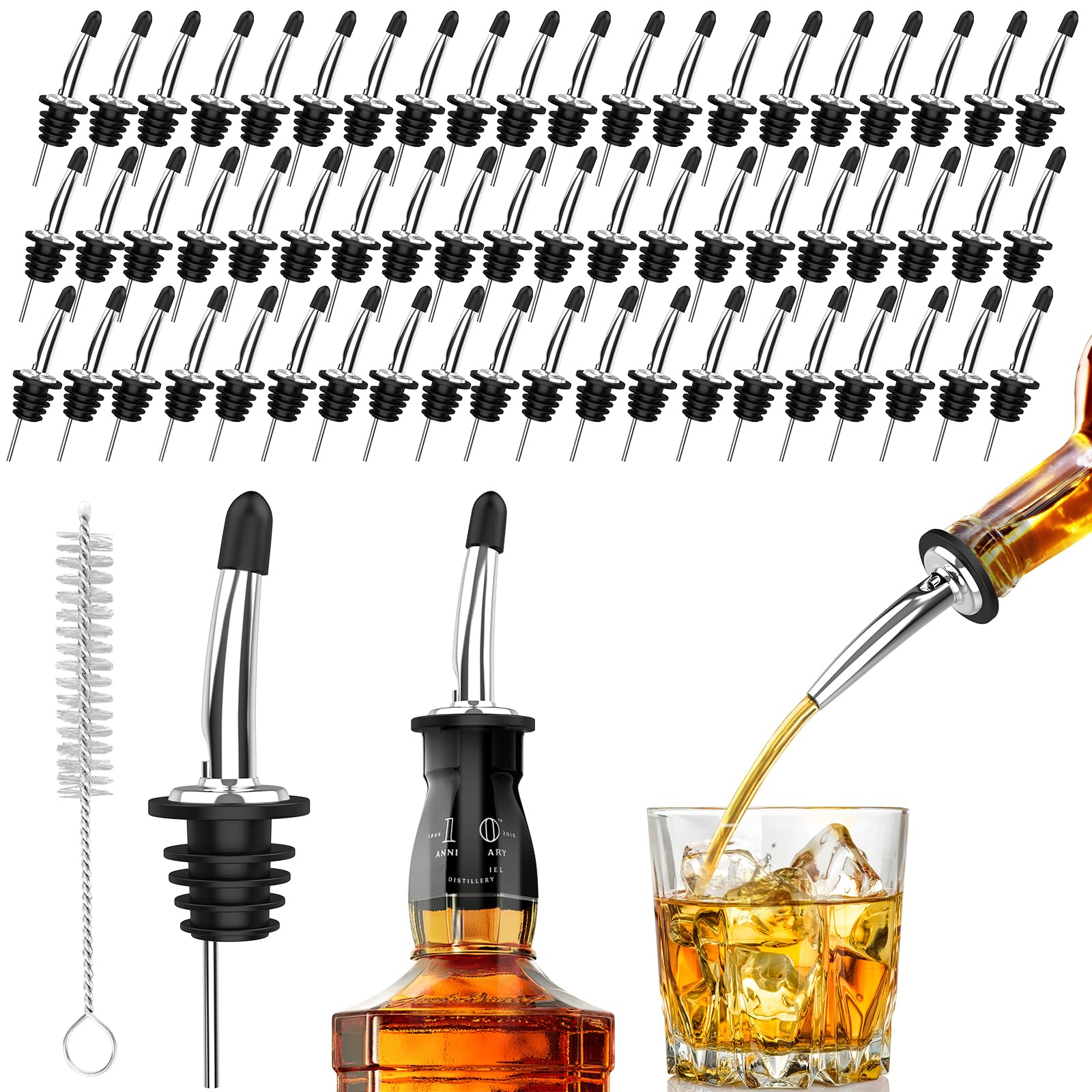 Photo 1 of 60-Pack Stainless Steel Pour Spouts for Liquor Bottles Oil Vinegar and Wine,Liquor Bottle Pourers with Rubber Dust Caps,Bar accessories,Pourers for Bartending