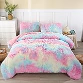 WINLIFE Faux Fur Comforter Set Twin Size for Girls Bedding Plush Shaggy Comforter Sets Gradient Ombre Tie Dye Bed Set Fuzzy Furry Long Hair Fluffy Comforter (3Pcs, Twin, Rainbow)