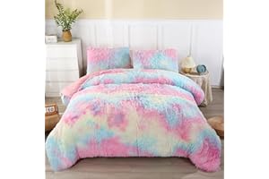 WINLIFE Faux Fur Comforter Set Twin Size for Girls Bedding Plush Shaggy Comforter Sets Gradient Ombre Tie Dye Bed Set Fuzzy Furry Long Hair Fluffy Comforter (3Pcs, Twin, Rainbow)