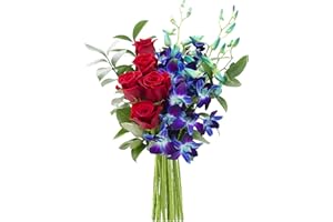KaBloom Flowers - Mother's Day Collection - Sapphire Red Bouquet of Red Roses and Blue Orchids Without Vase. Gift for Birthday, Anniversary, Thank You, Valentine, Mother’s Day Fresh Flowers