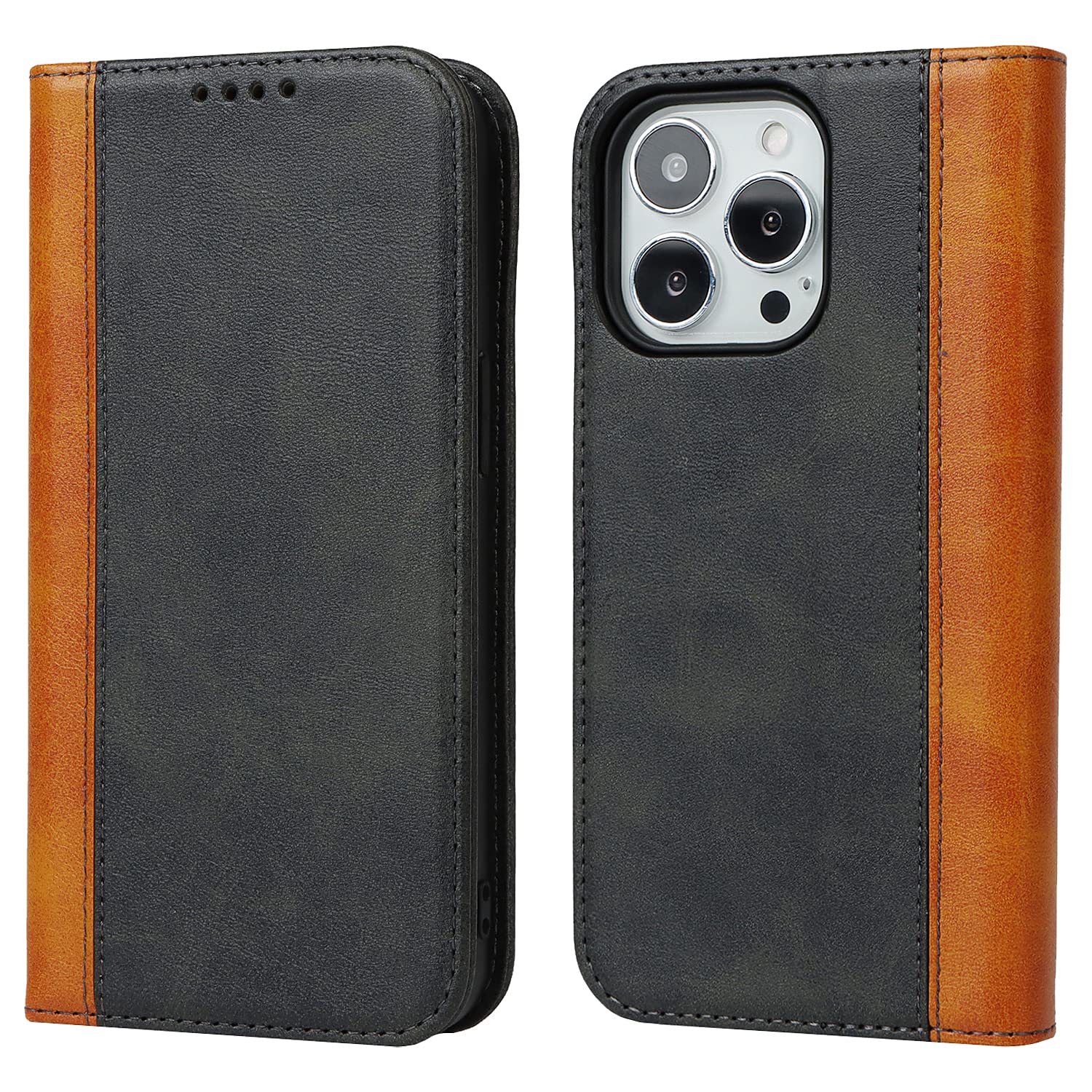 Photo 1 of ?????? Fashion Flip Folio for iPhone 15 Pro Max - Two-Tone Faux Leather Wallet Case with 3 Card Slots & Built-in Stand, Black & Yellow
