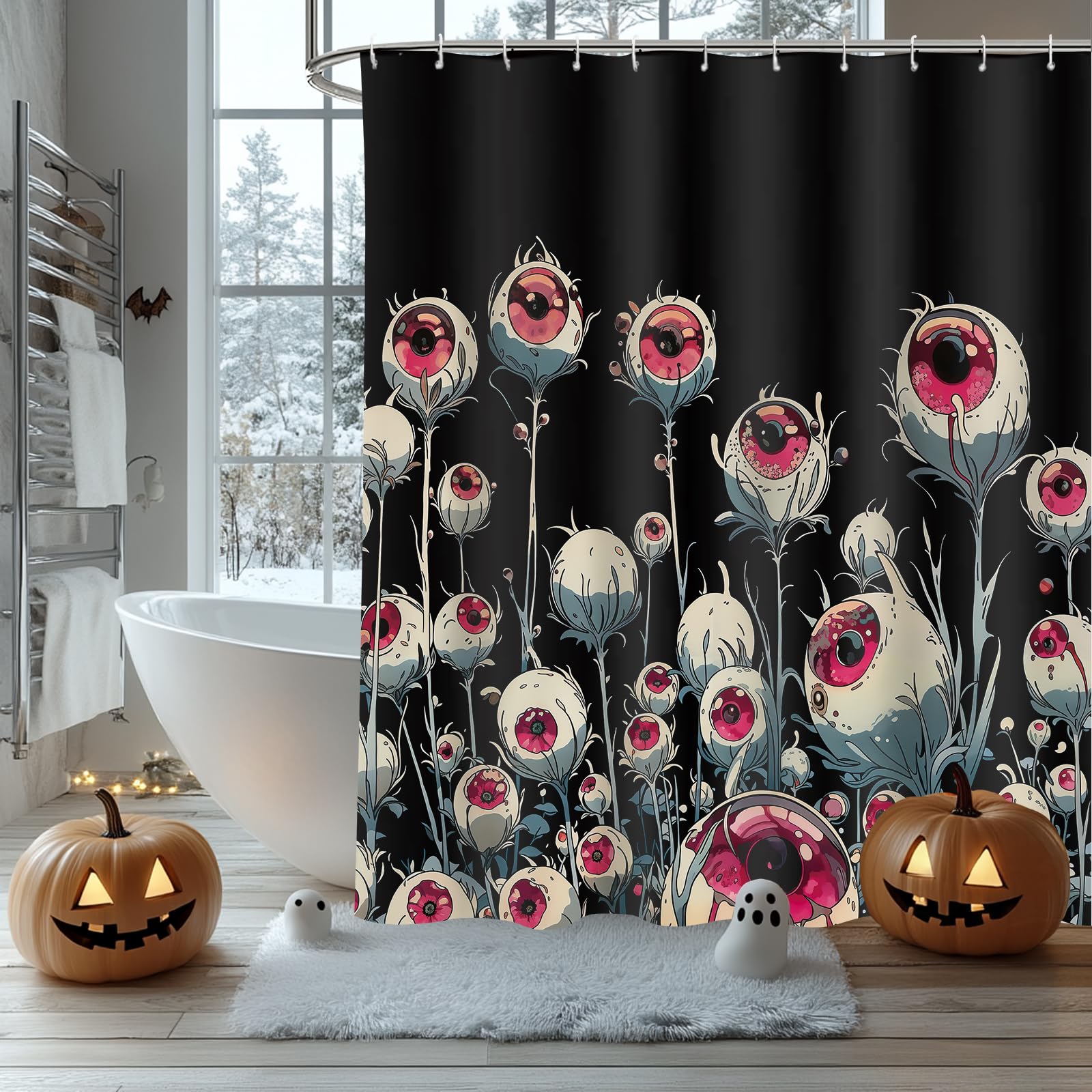AIBIIN Halloween Shower Curtain Horror Eye Floral Gothic Style Waterproof Fabric Black Bath Curtains for Bathroom Durable Polyester Material with 12 Hooks 180x180cm