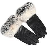BOONJOVIA Women's Genuine Leather Gloves with Rabbit Fur Trim Cuff, Velvet Lined, for Cold Weather Driving
