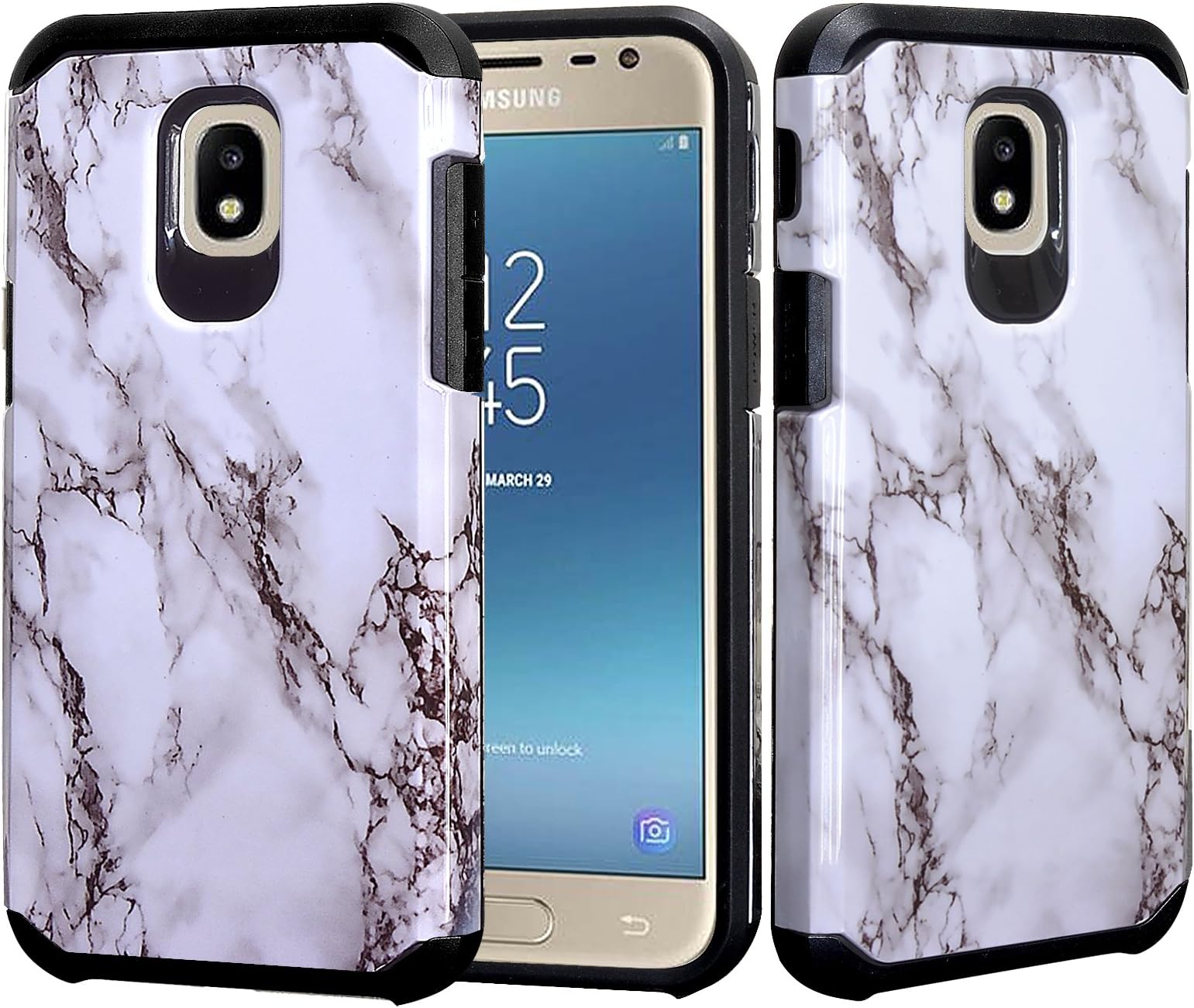 J3 Star Case, Phonelicious Samsung Galaxy J3 2018, J3V J3 V 3rd Gen, Express Prime 3, J3 Achieve, Amp Prime 3 Phone Cover Dual Layer Hybrid Slim Fit with Screen Protector (White Marble)