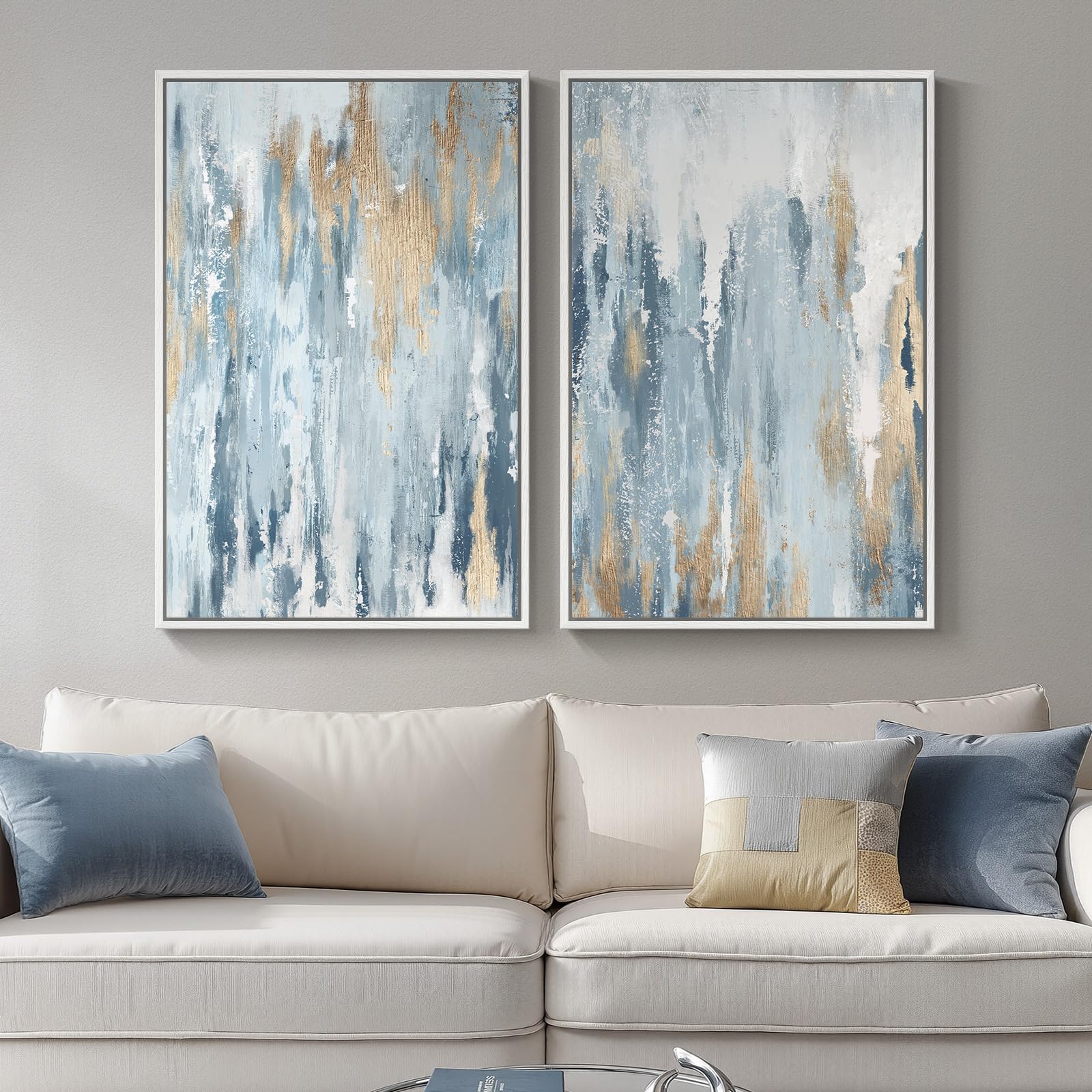 Large Framed Blue and Gold Abstract Wall Art for Living Room, 2 Piece ...