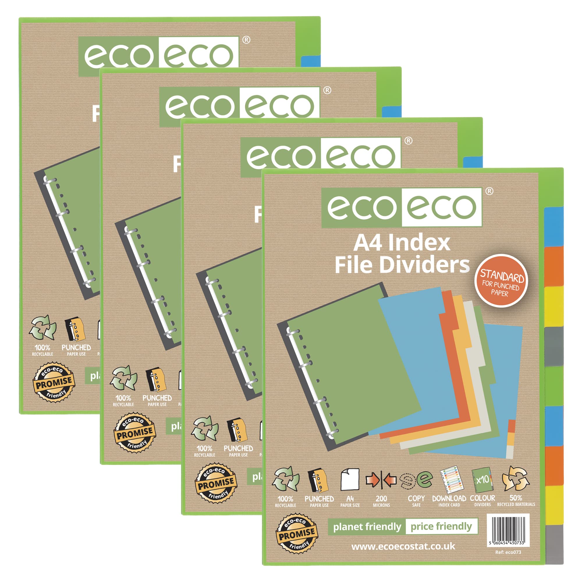 eco-eco A4 50% Recycled Multipunched Reinforced Colour Set 10 Subject Index File Dividers 200mic (Pack of 4) 907608