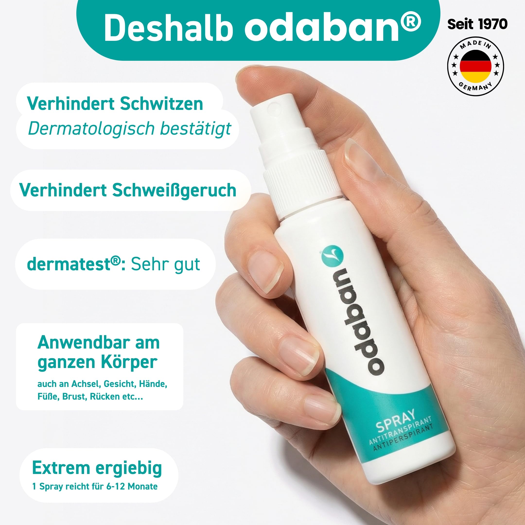 odaban® Antitranspirant Deo Spray 30 ml gegen starkes Schwitzen | Anti-Schweiß-Deo für Hände, Achseln und Kopf | Antitranspirant für Männer & Frauen mit Langzeitschutz | duftneutral 2