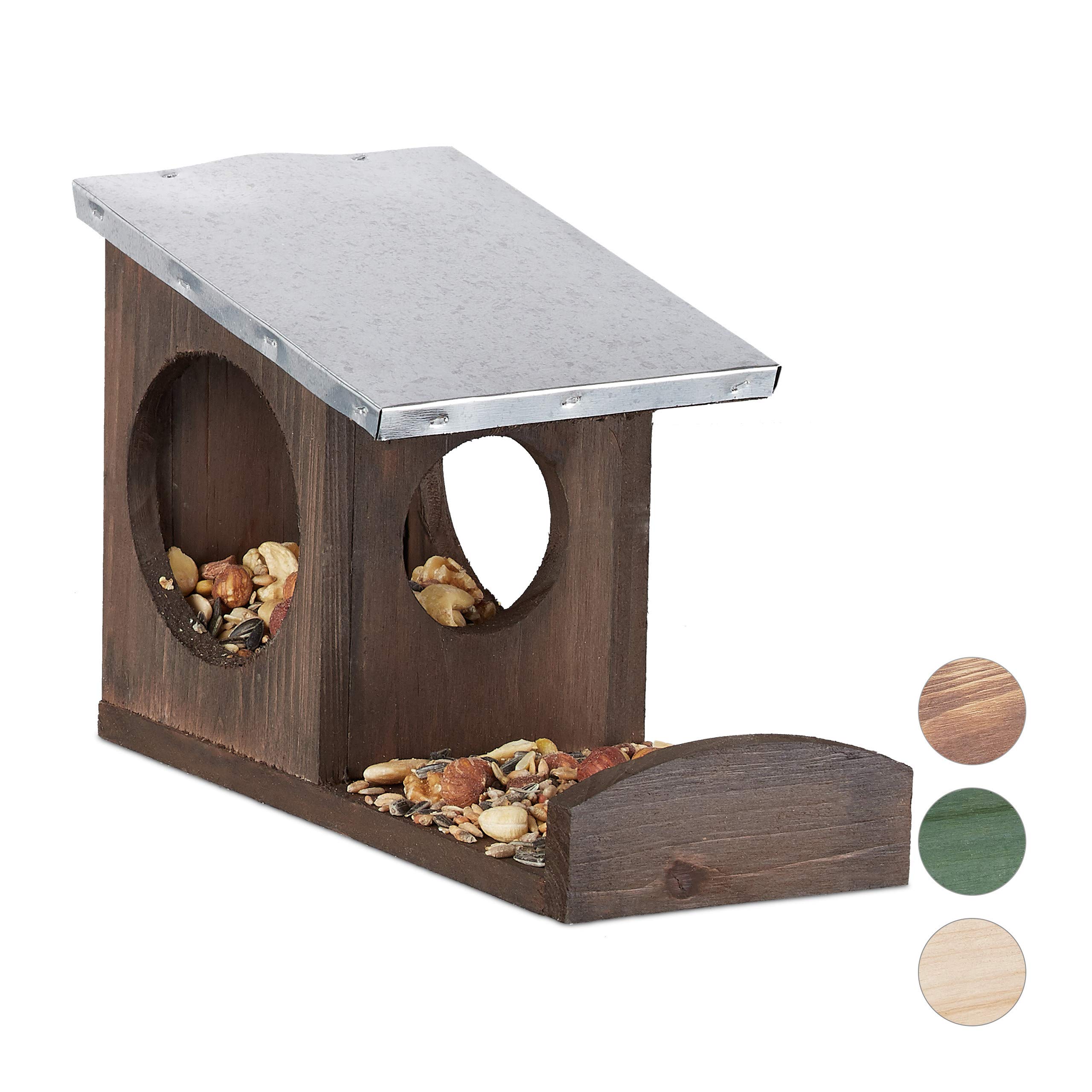 Relaxdays Squirrel Feeder, Wooden House, Weatherproof Metal Roof, Hanging, Garden Feeding Station, Dark Brown