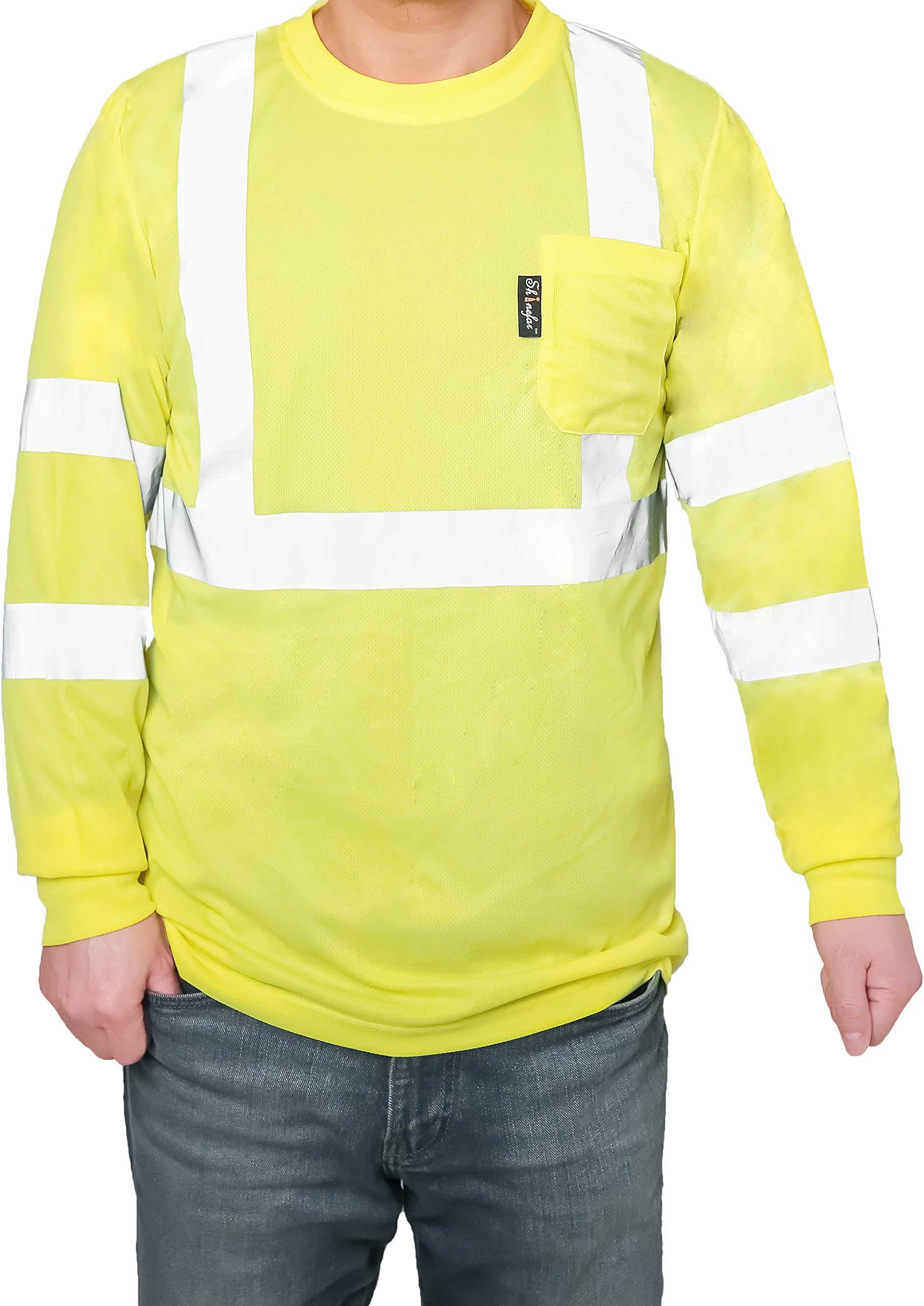 Shinefar Reflective Long Sleeve T-Shirt Safety, ANSI class3, Heat Strip with Pocket, Lime, Size: XXL
