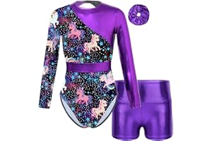 Moggemol Kids Girls Gymnastics Dance 2 Piece Outfits Long Sleeve Leotards with Shorts Sets Athletic Biketard