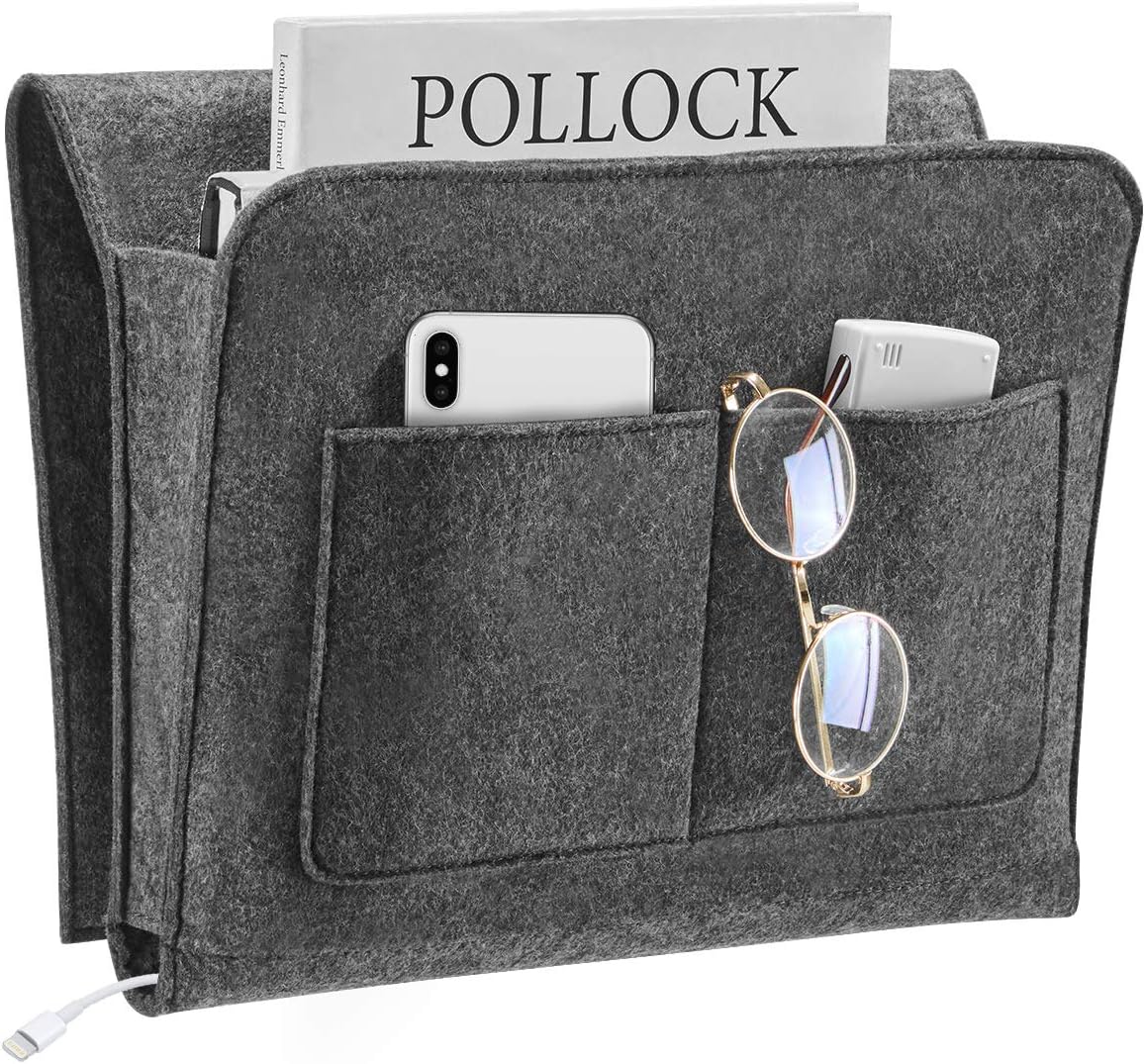 YOUDENOVA Bedside Caddy, 5 Pockets Bed Hanging Storage Organizer Holder for Remote Phone, Magazine, iPad, Snack, College Dorm Bunk Remotes Holder