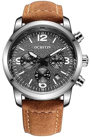 Aviator Mens Military Chronograph Watch Brown Leather Band 6 Hand Date Stainless Steel Case Watches