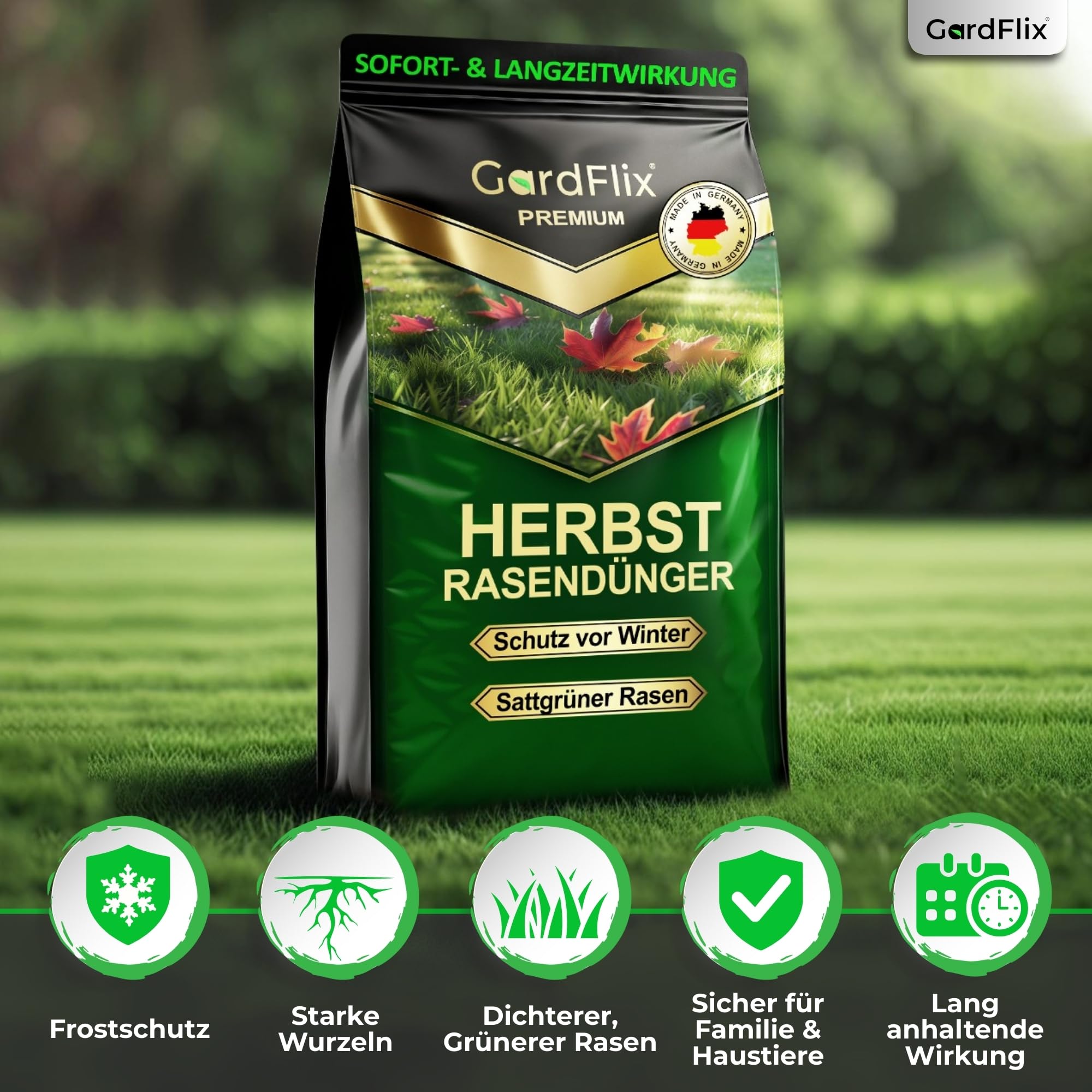 Gardflix Herbstdünger Rasen Langzeitwirkung (5kg Sack für 250m²) | Rasendünger Herbst verdrängt Moos | Frostschutz & Winterfester Rasen | Staubarmer Granulat für Streuwagen | Sicher für Kind & Tier 5