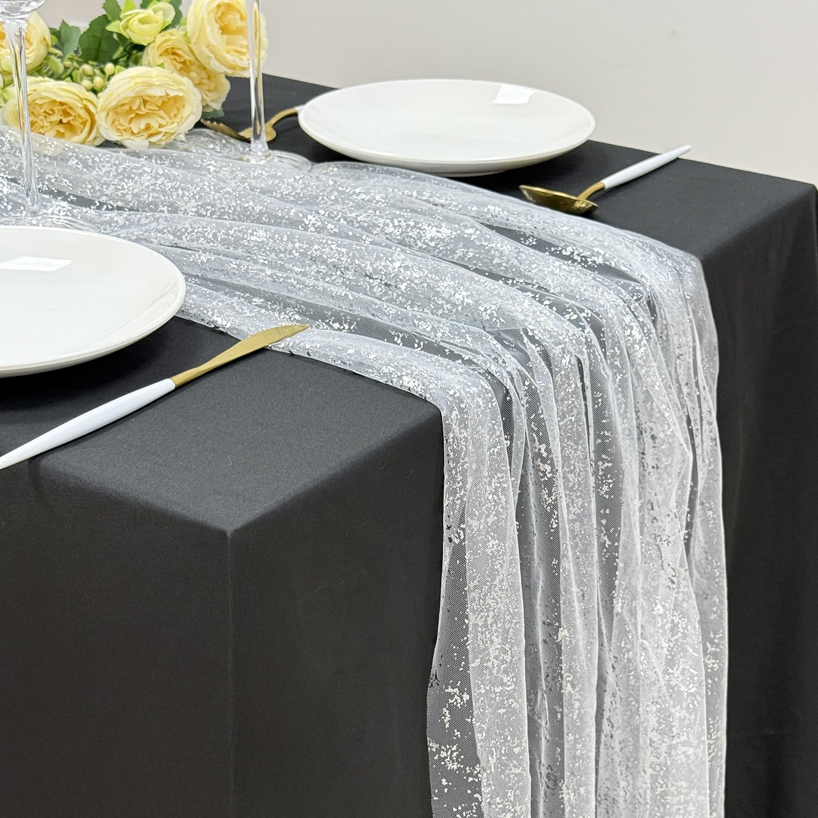 Photo 1 of AerWo 2 Pcs Silver Table Runner 10FT, Boho Foil Glitter Sheer Sequin Table Runners 120 Inches Long, Wedding Centerpiece Table Decorations for Party Supplies Bridal Baby Shower Birthday Decorations