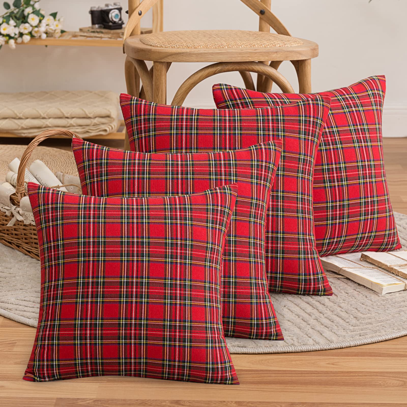 Set of 4 Christmas Scottish Tartan Cushion Covers, RedTartan Check Cushions, Classic and Durable, Soft and Comfortable, Can Be Used in The Living Room Sofa (Small Tartan, 45 * 45cm) — image 1