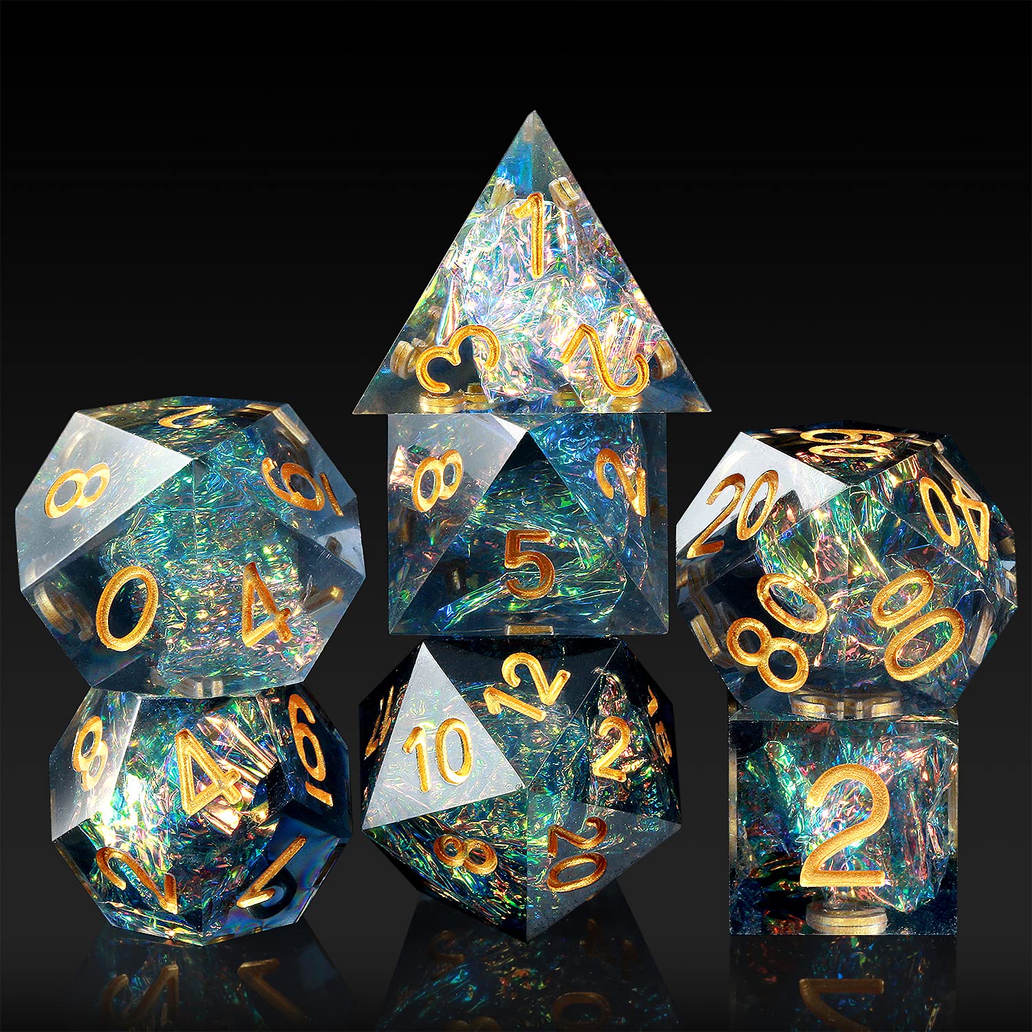 Dungeons and Dragons Dice Set,DNDND Handmade Sharp Edge 7 Die with Gift Dice Case for DND Dungeons and Dragon Game (Dark Cyan with Gold Number) — image 1