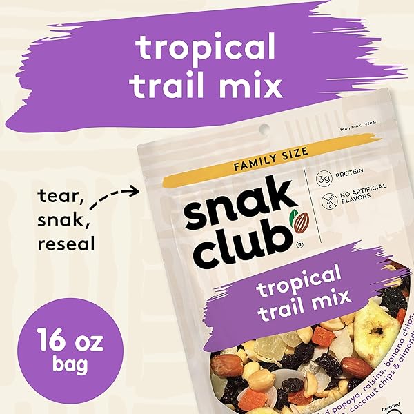 SNAK CLUB TROPICAL TRAIL MIX WITH PEANUTS, DRIED PAPAYA, RAISINS, BANANA CHIPS, DRIED PINEAPPLE, COCONUT CHIPS, AND ALMONDS, GLUTEN-FREE AND KOSHER SNACK, 16 OZ RESEALABLE BAG