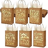 Sabary 24 Pcs Religious Christmas Christian Gift Bags - Metallic Kraft Paper With Handles and Tissue, Brown Treat Bags for Birthday Holiday Party Favors, 6 x 8 x 3 Inch