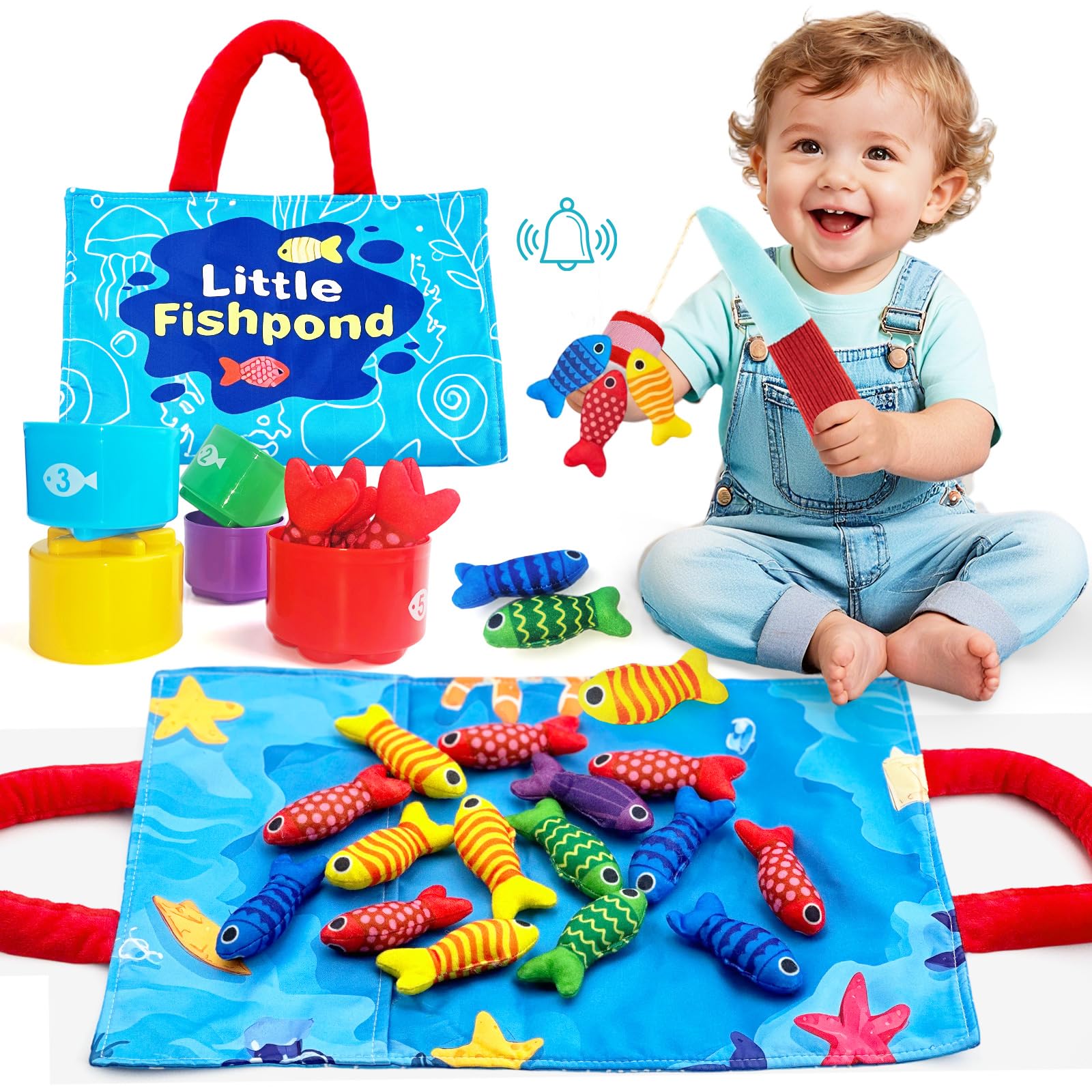 DQMOON Montessori Toys for 1 Year Old, 10 in 1 Fabric Fishing Game Set for Baby Toys for 1 2 3 Year Old Boys Girls Toddlers Early Educational Toys Baby Birthday Gifts Xmas Stocking Fillers for Kids