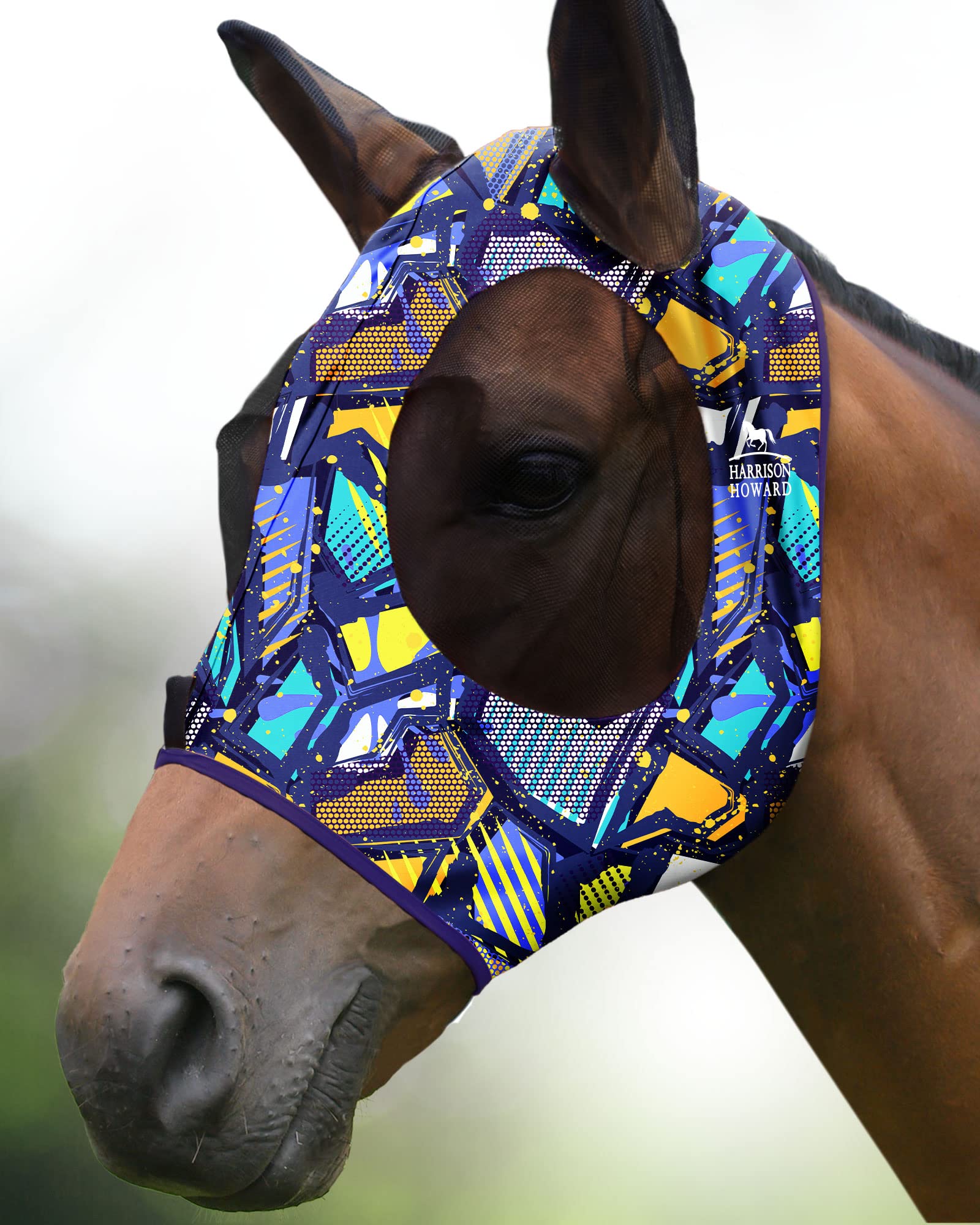 Harrison Howard Elasticity Horse Fly Mask Superb Comfort with UV Protection Standard Horse Fly Mask for Horse-Graffiti Mix (L; Full Size)