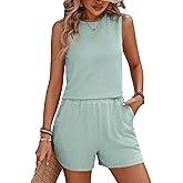 Amilia Women's 2 Piece Sets Crew Neck Sleeveless Striped Casual Loose Tops Shorts Basic Summer Lounge Set