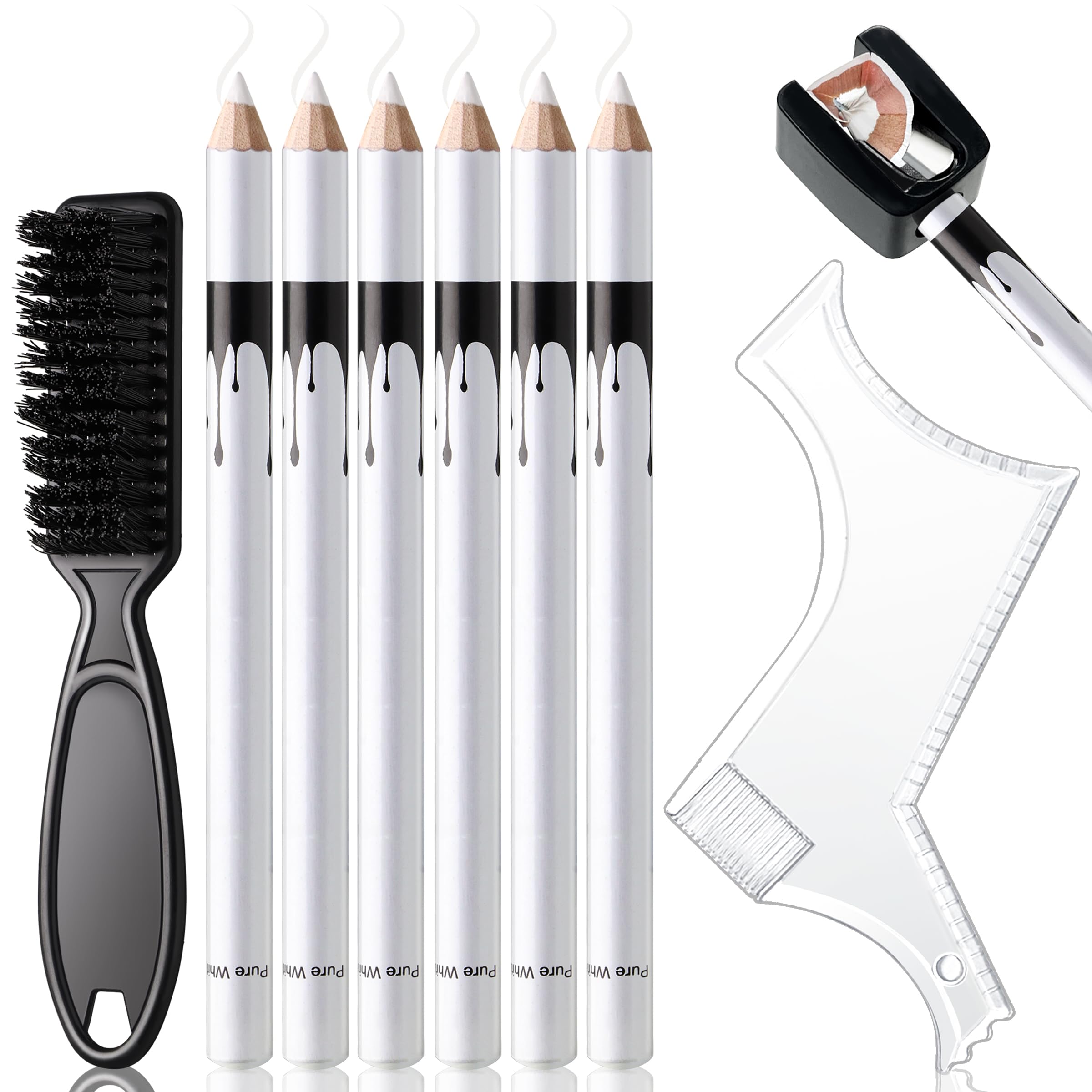 Noerrors White Barber Pencil for Lineup Hairline Beard Guide Shaping Pencils Magic Barber Chalk for Design Hairline Razor Trace Barber Pencils Set with Sharpener Ruler Brush for Men