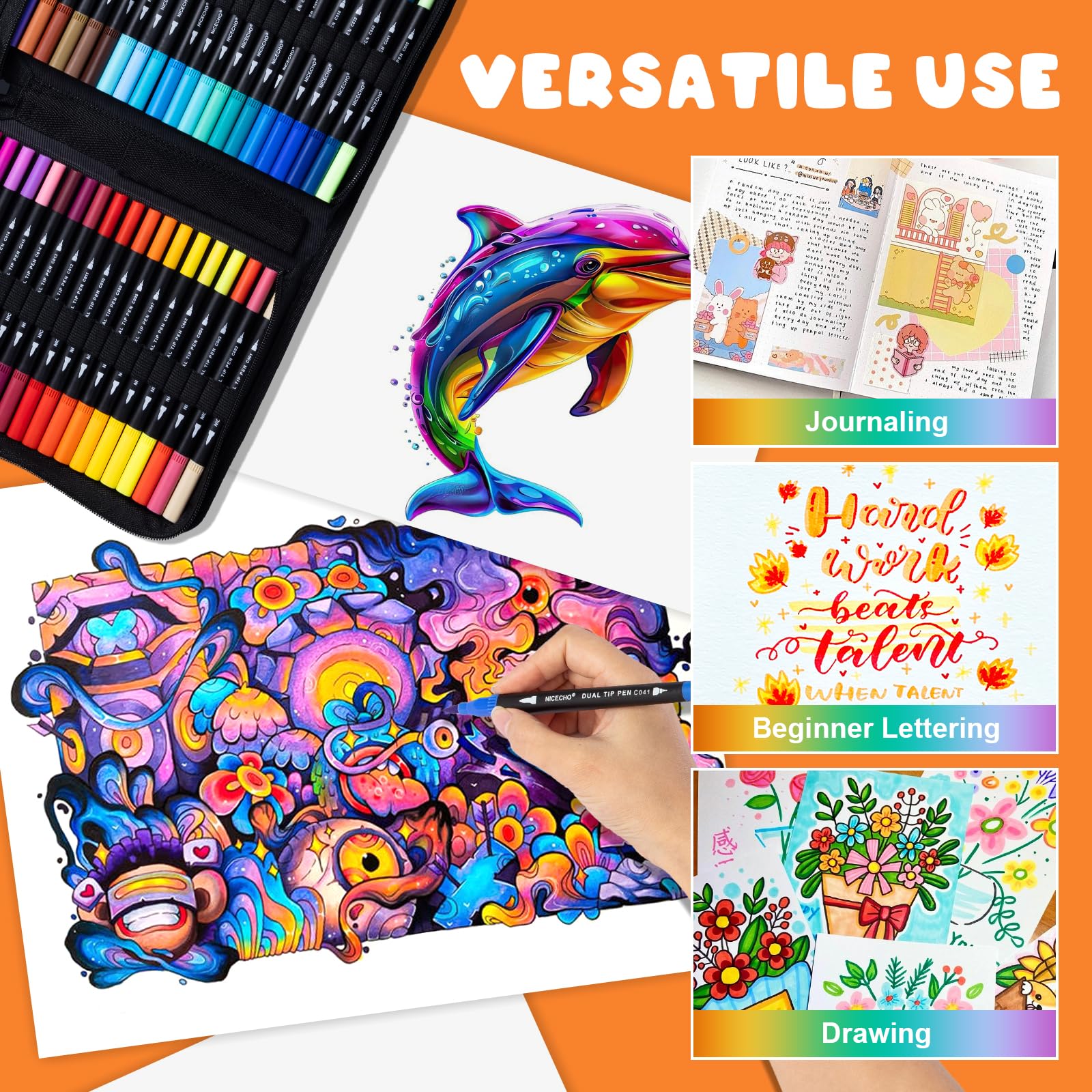 Nicecho 72 Colors Dual Tip Art Markers Pens for Adult Coloring Books, Brush and Fine Tip Coloring Marker for Drawing Journaling Note Taking Lettering