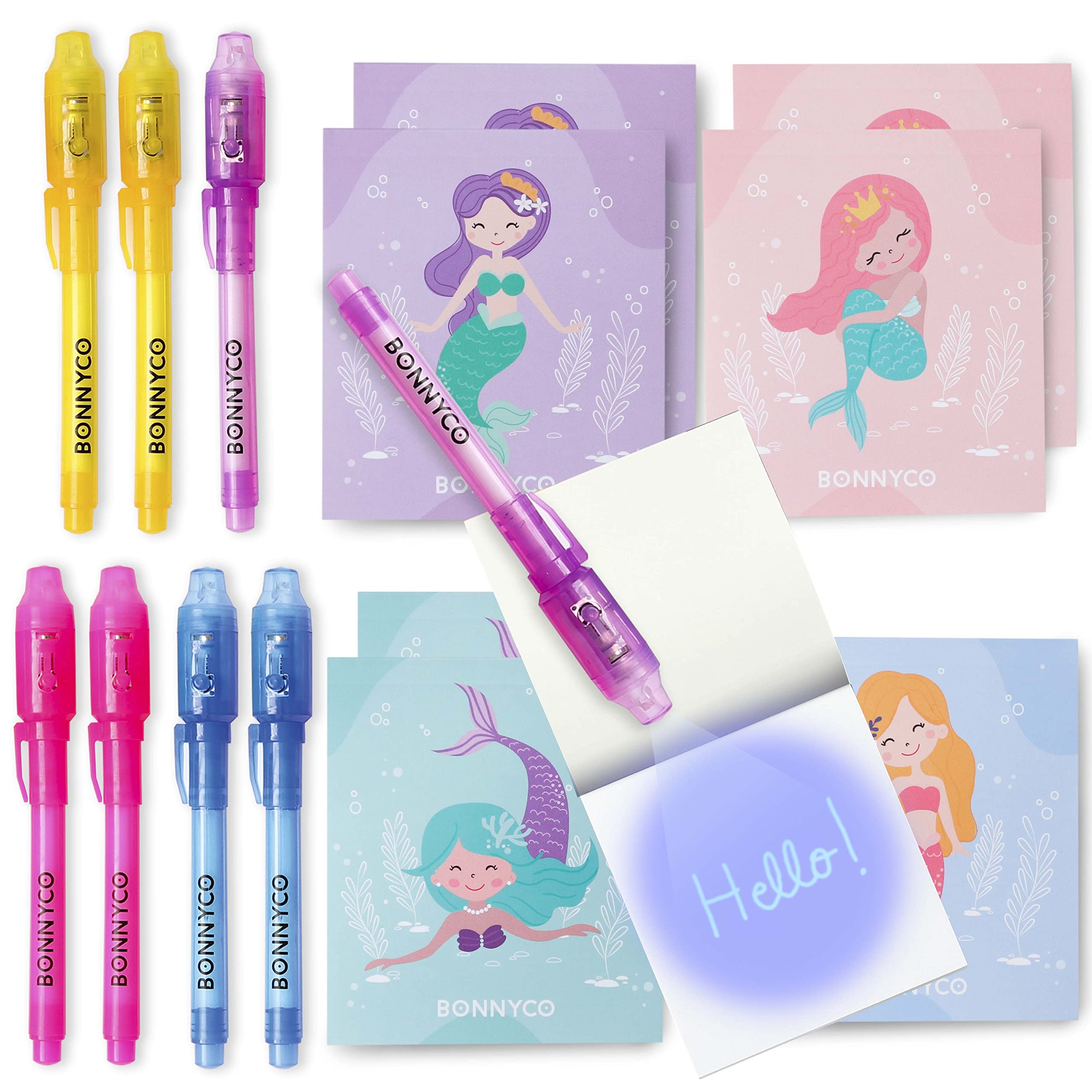 BONNYCO Invisible Ink Pen and Notebook, Pack 8 Mermaid Party Bags Filler and Pinata Toys. Mermaid Birthday Decorations, Stocking Fillers for Kids Birthday. School Prizes, Gifts for Children