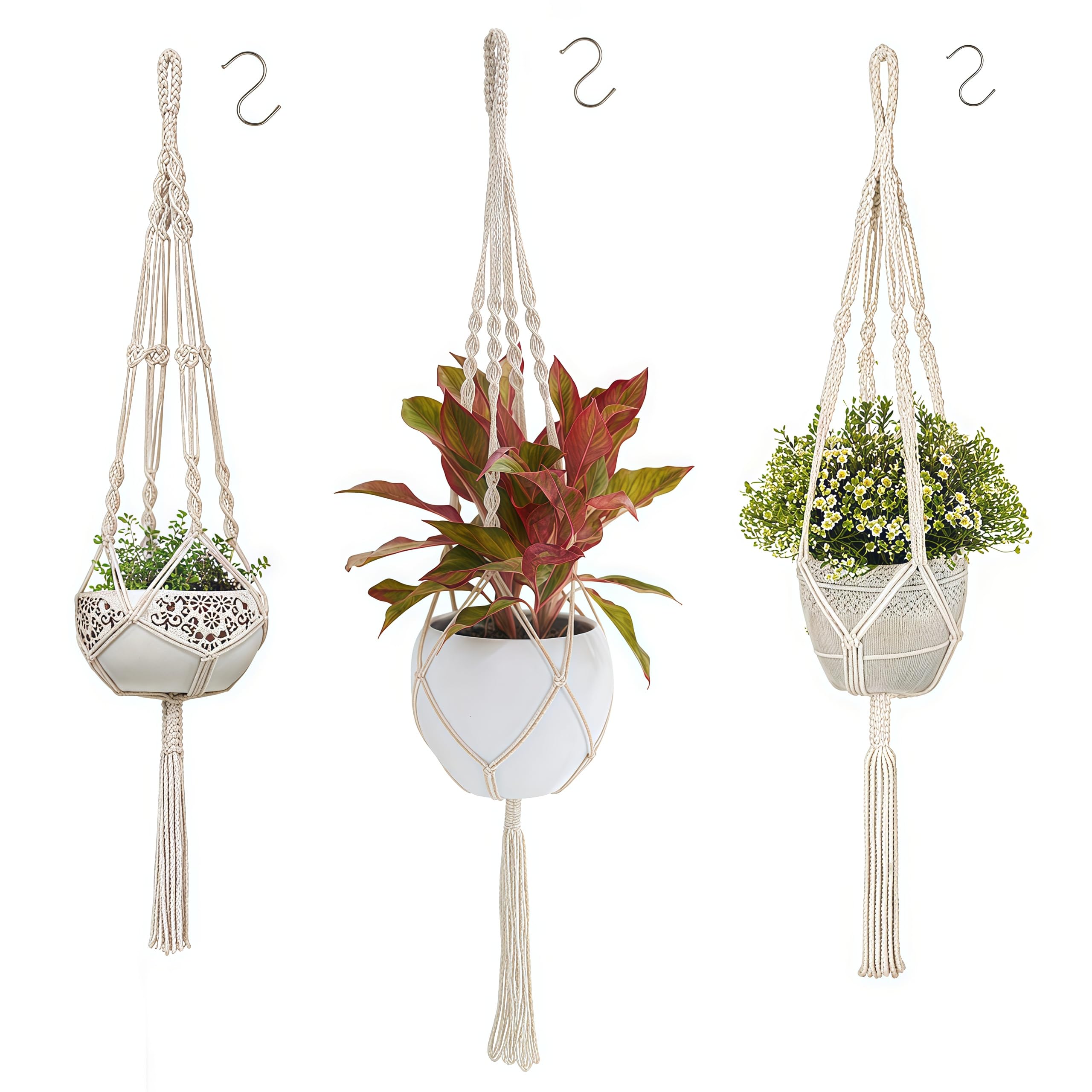 flintronic Plant Hangers, 3Pcs Cotton Rope Hanging Plant Hangers, Hanging Flower Pot Holder with Metal Ring and Tassels, for Indoor/Outdoor/Balcony/Wall Decoration, with 3Pcs S Metal Hook-105CM