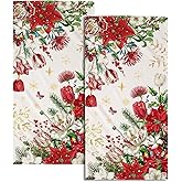 Red Poinsettia Flowers Winter Snowflake Hand Towel Set of 2 Soft Absorbent Xmas Merry Christmas Tea Towels Baking Cooking Wash Cloth for Holiday Bathroom Kitchen Bar Beach Gym Spa Decor 14x28 Inch