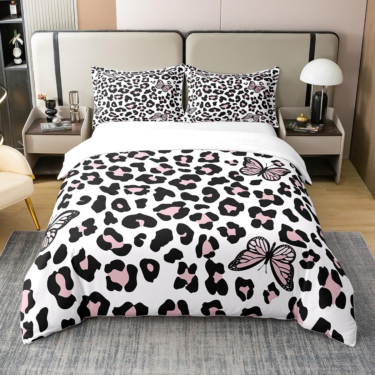 Leopard Print 100% Cotton Duvet Cover,Butterfly Bedding Set Double for Kids Boys Girls,Pink Cheetah Print Comforter Cover for Bedroom,Wild Animal Skin Quilt Cover with 2 Pillow Soft Breathable