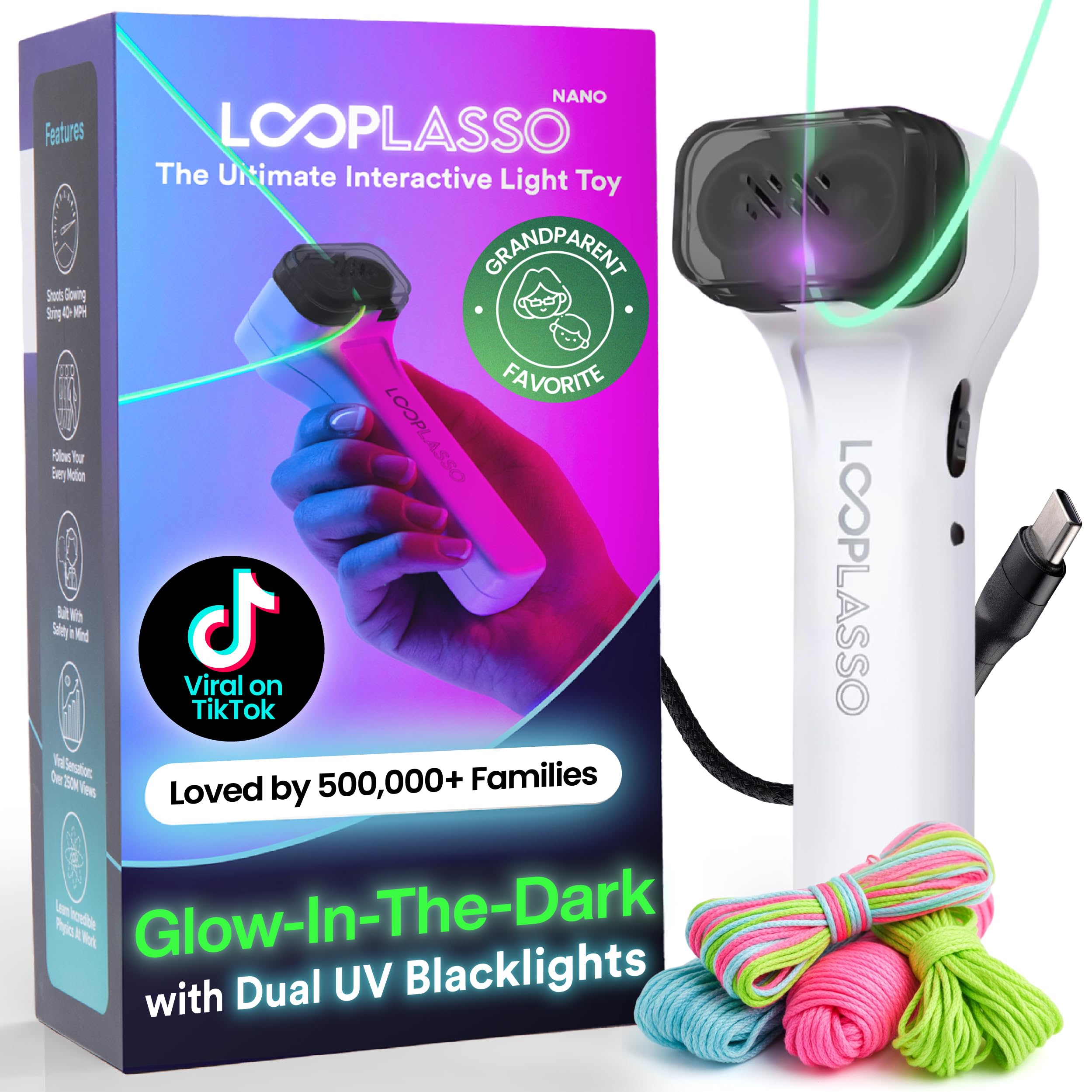 Photo 1 of **USED & MISSING PARTS**
Loop Lasso NANO Glow in the Dark Rave Toys with Built-in UV Blacklight - Interactive Rope Launcher STEM Toy - Viral Flow and String Shooter Toy for Kids and Adults