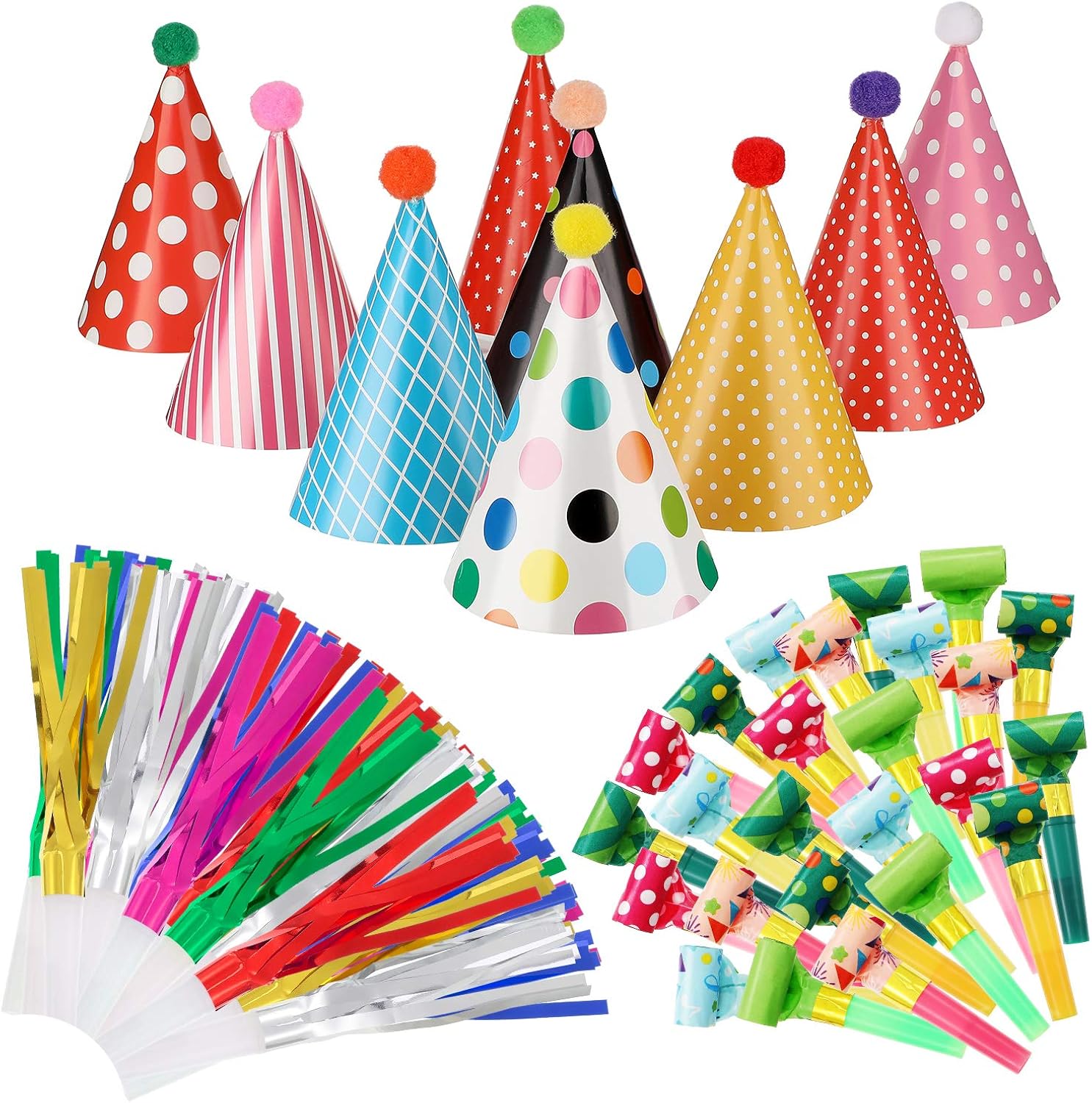 9 Pieces Birthday Party Hats Adorable Party Cone Hats with 24 Colorful Paper Blowouts and 24 Glittering Metallic Tassel Blowouts for Birthday Party: Clothing