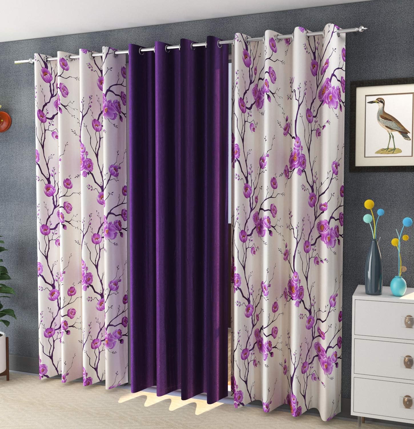 LA ELITE Polyester Readymade Eyelet Curtains Set of 3 Pcs Floral Print for Door Each Size Width 4 Feet x Length 7 Feet